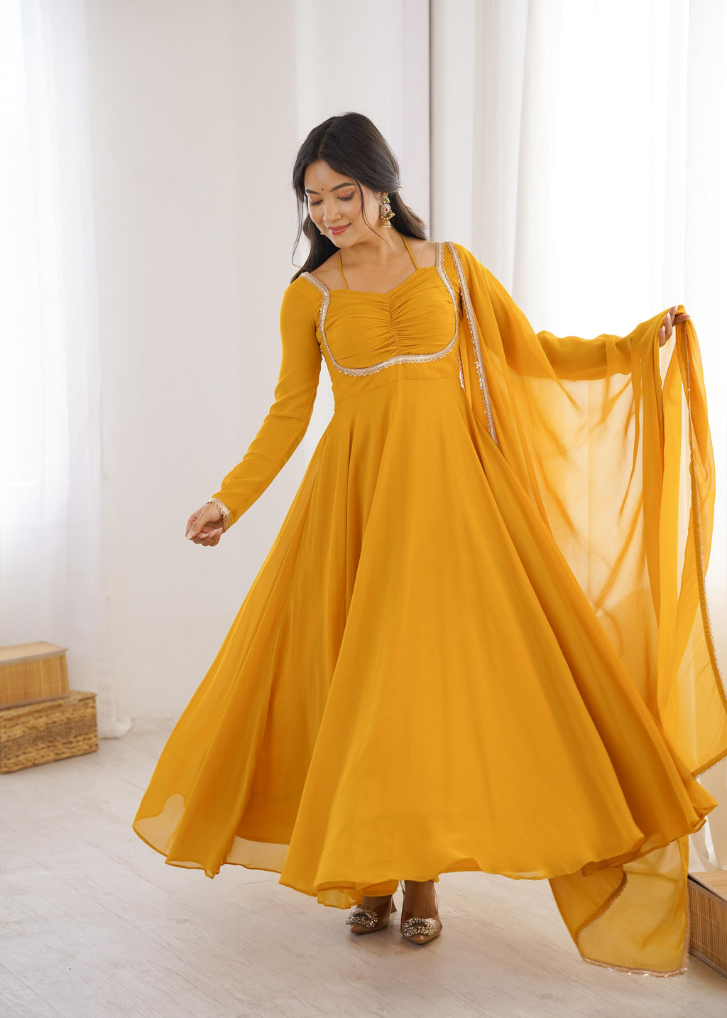 Yellow Pure Georgette Anarkali Dress with Dupatta for festive occasions