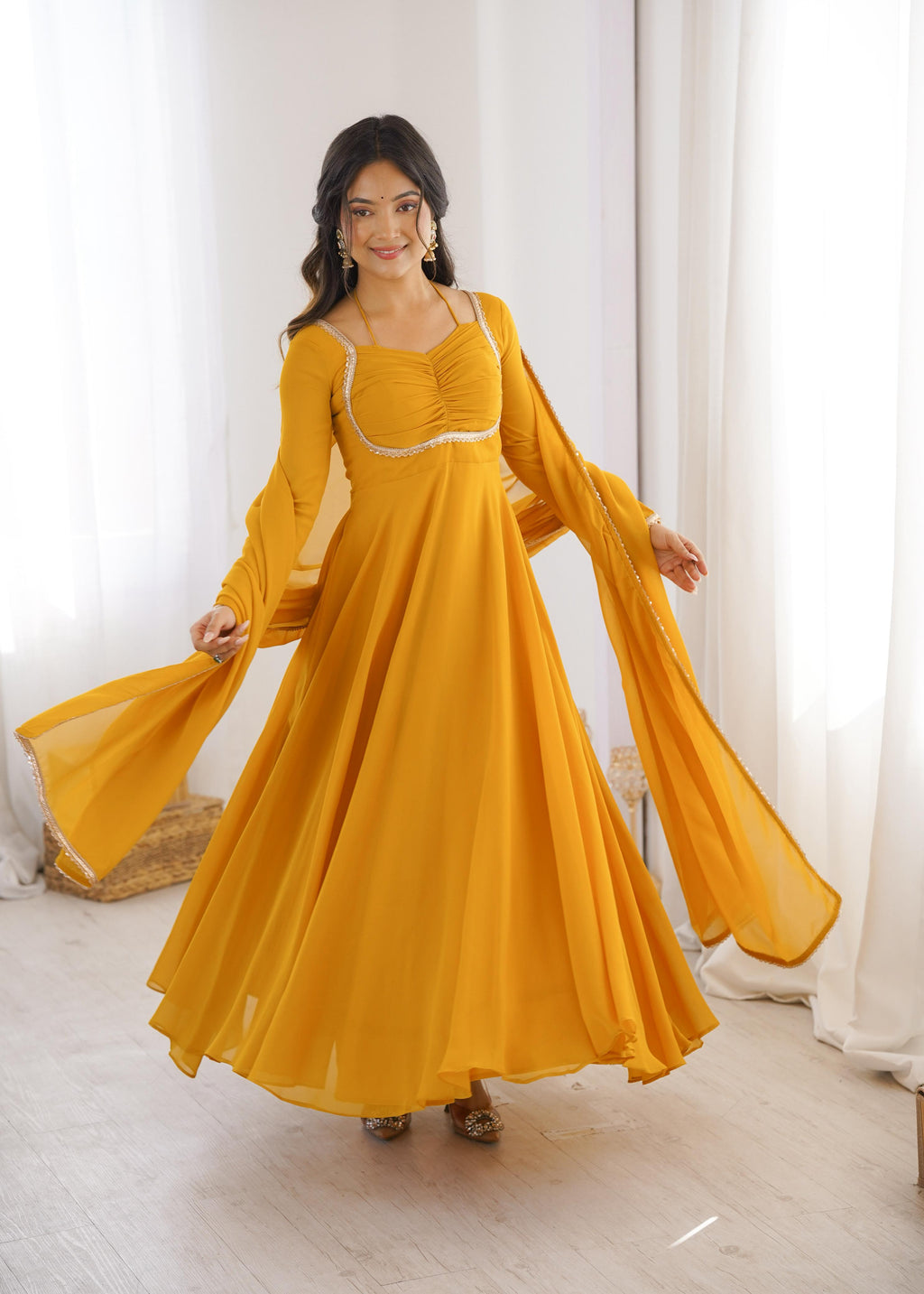 Yellow Pure Georgette Anarkali Dress with Dupatta for festive occasions