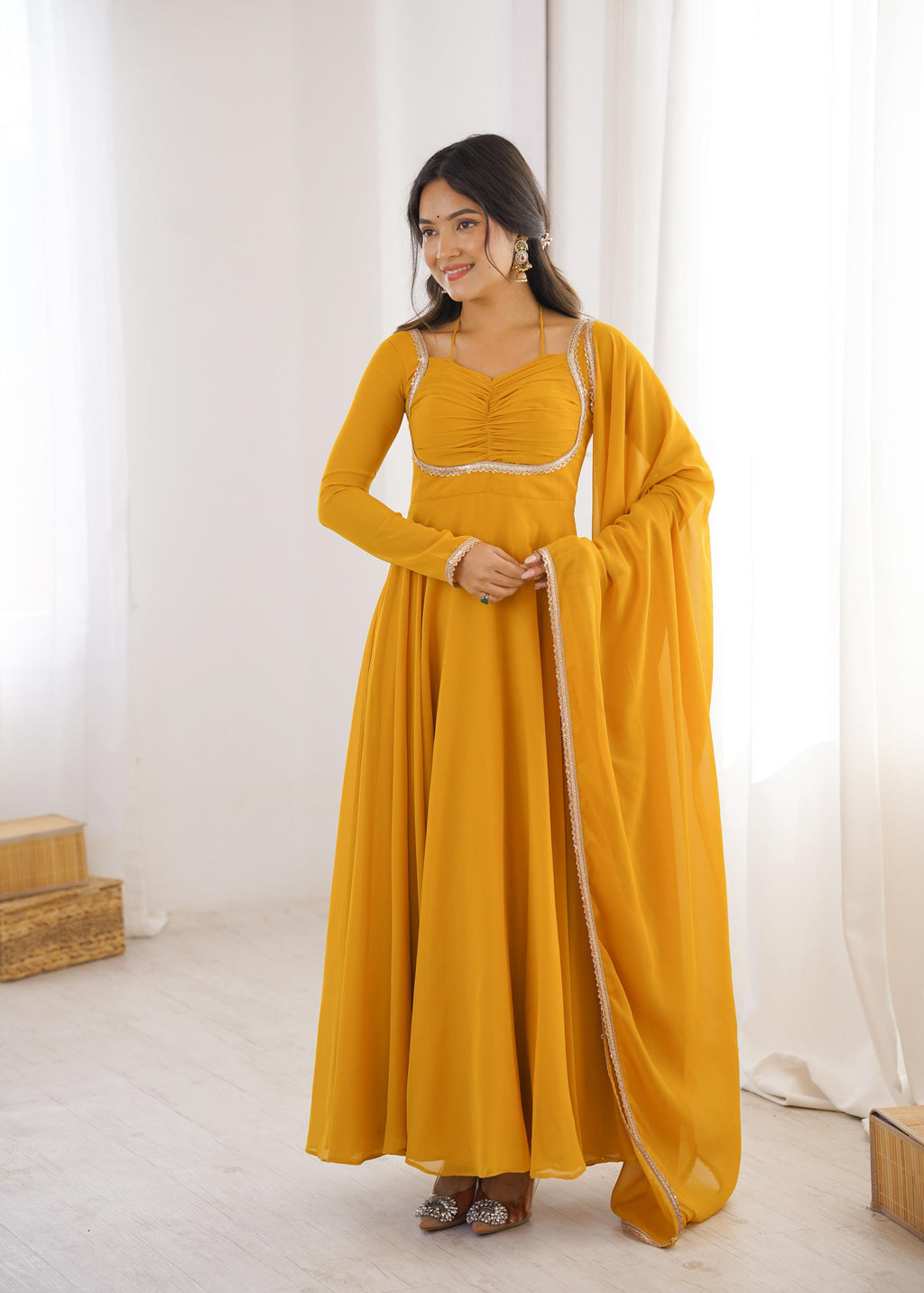 Yellow Pure Georgette Anarkali Dress with Dupatta for festive occasions