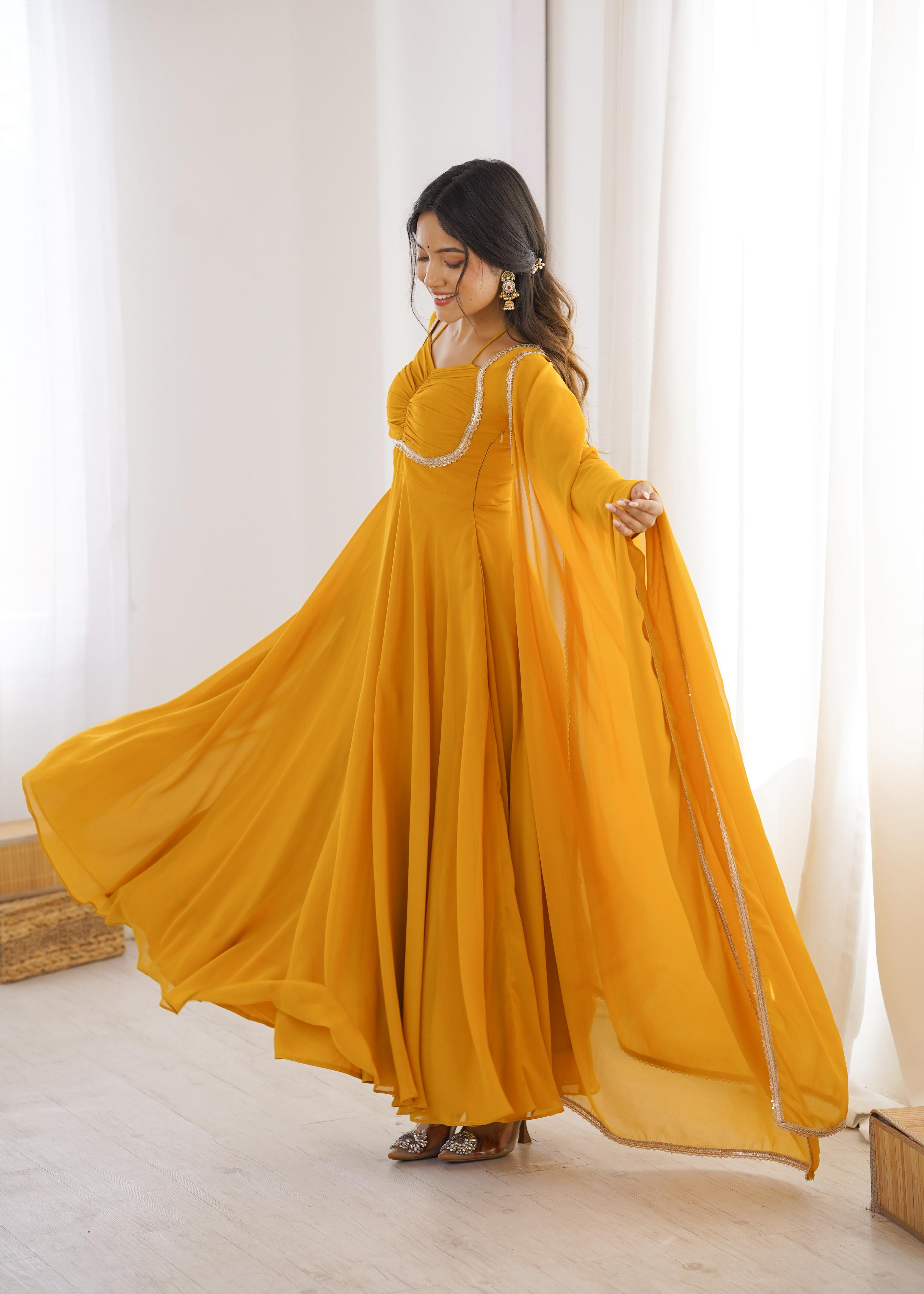 Yellow Pure Georgette Anarkali Dress with Dupatta for festive occasions
