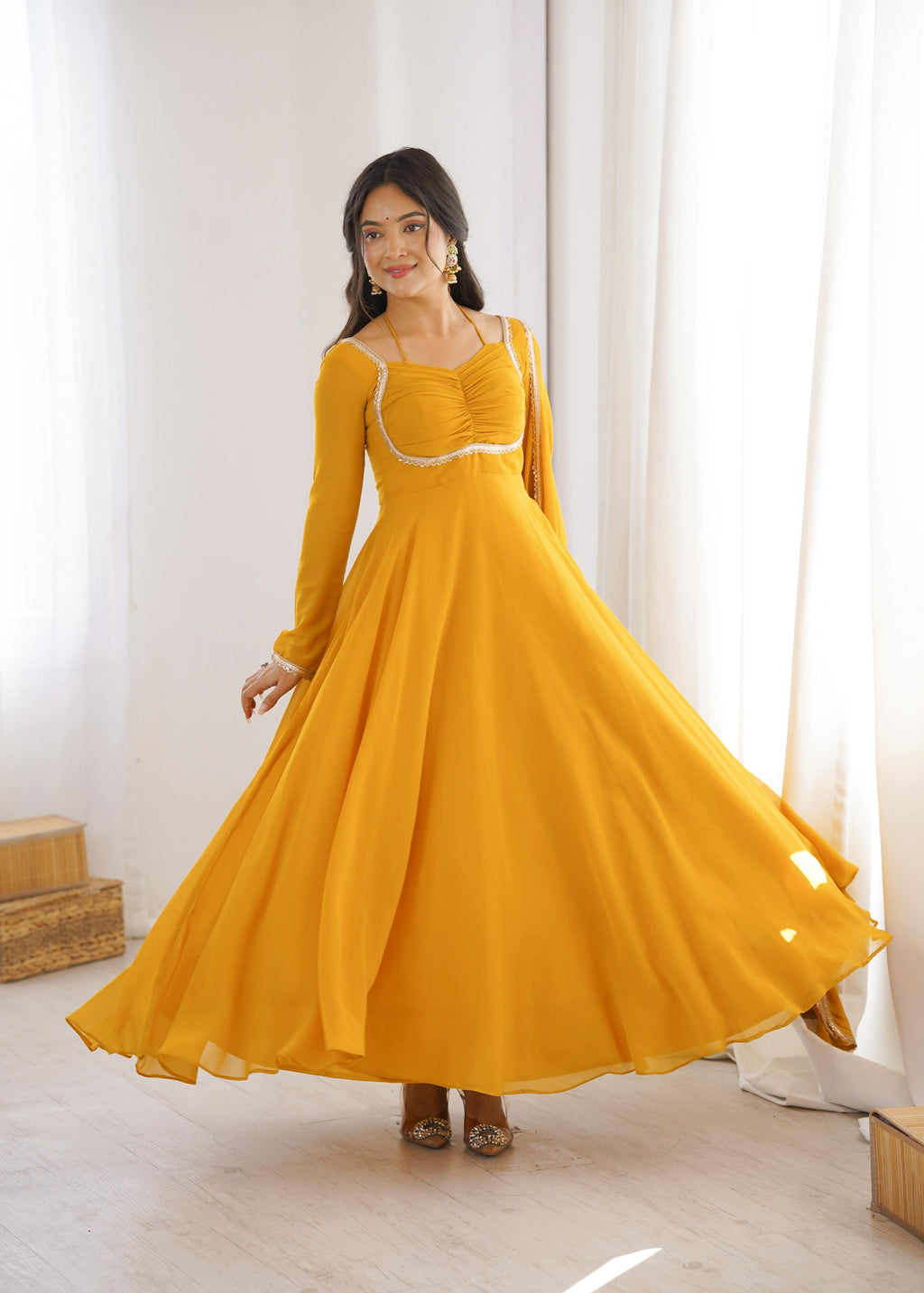 Yellow Pure Georgette Anarkali Dress with Dupatta for festive occasions