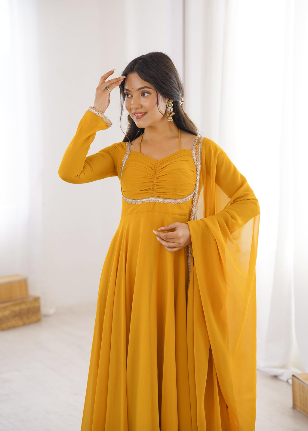 Yellow Pure Georgette Anarkali Dress with Dupatta for festive occasions