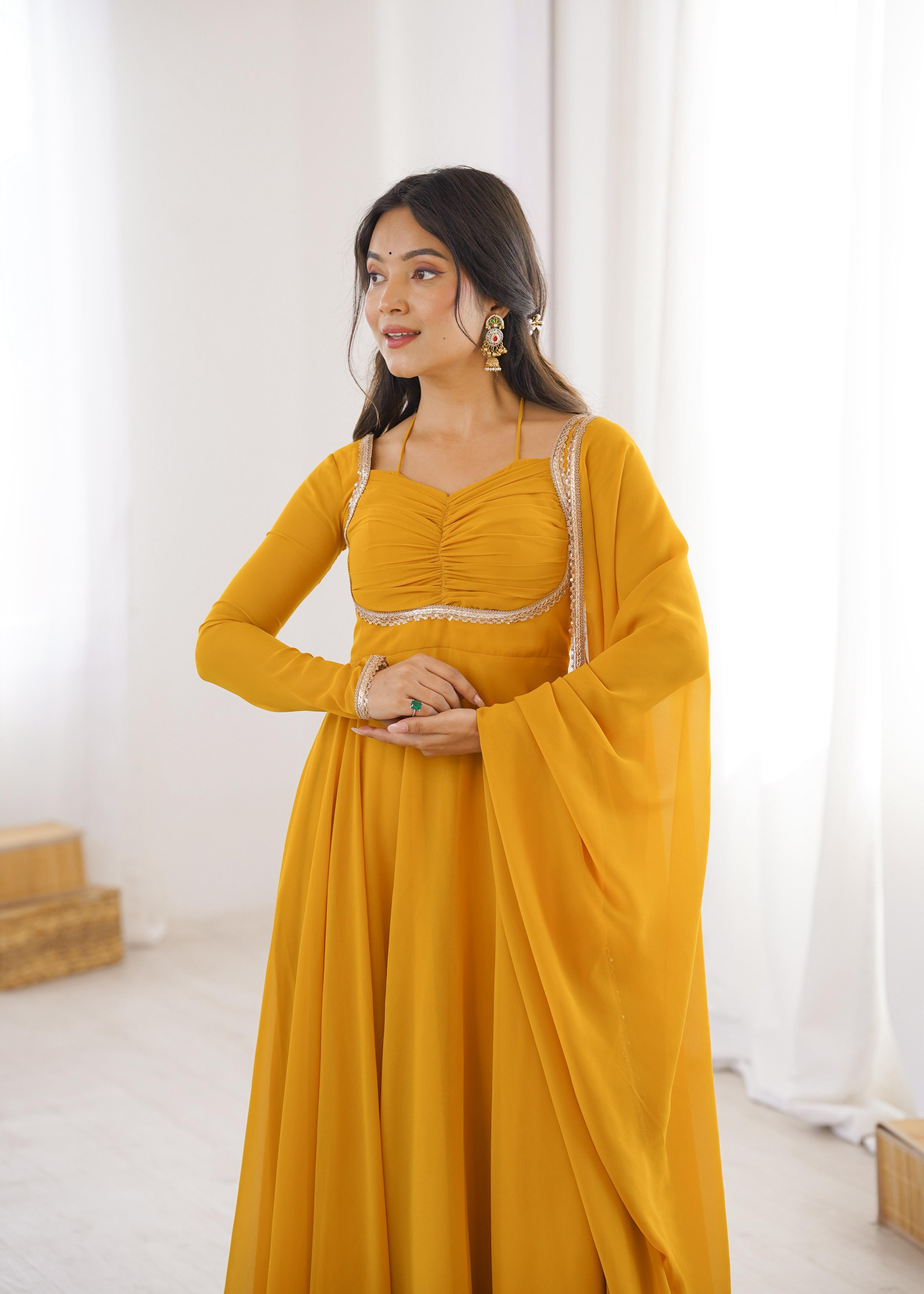 Yellow Pure Georgette Anarkali Dress with Dupatta for festive occasions