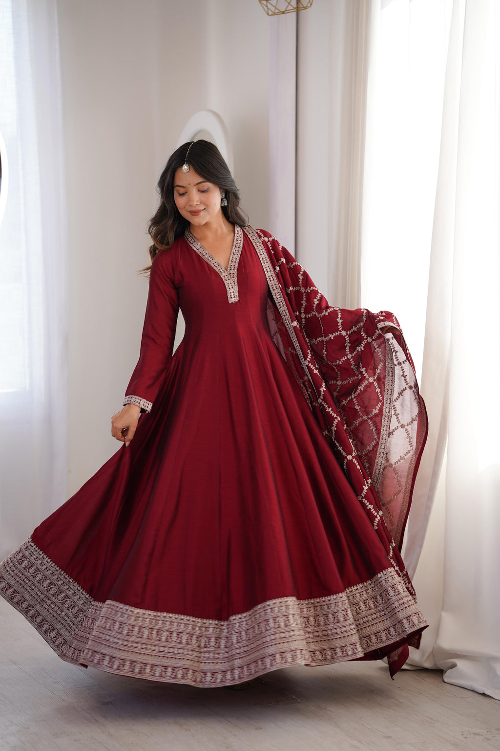 Maroon Pure Vichitra Silk Anarkali Suit Set, elegant design for festive occasions