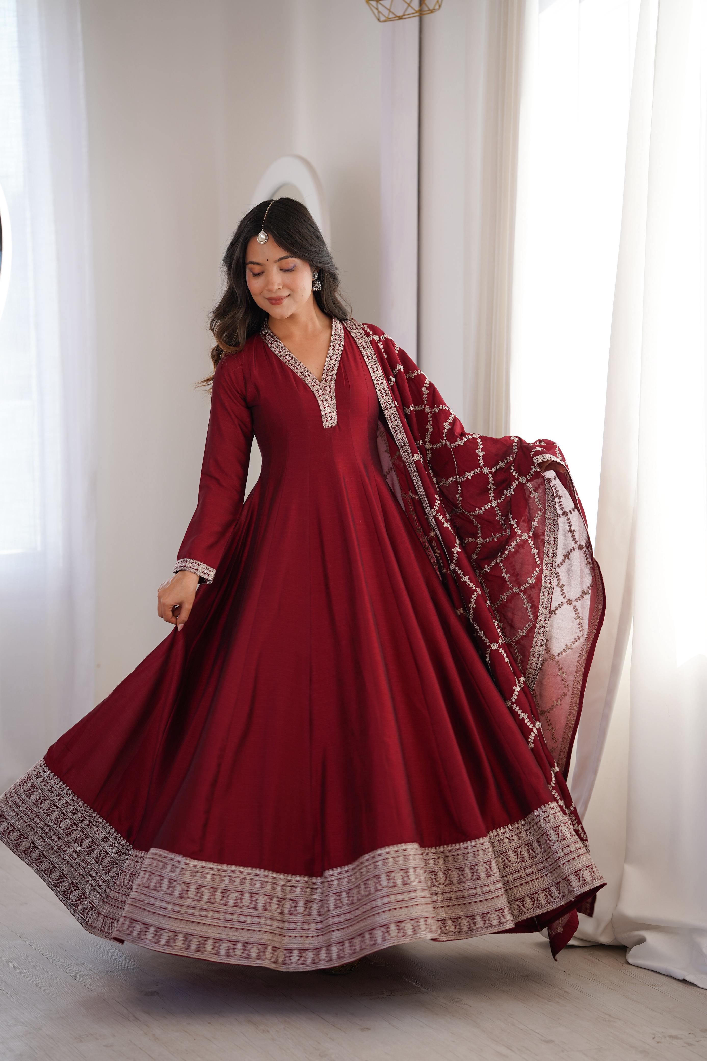 Maroon Pure Vichitra Silk Anarkali Suit Set, elegant design for festive occasions