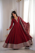 Maroon Pure Vichitra Silk Anarkali Suit Set, elegant design for festive occasions