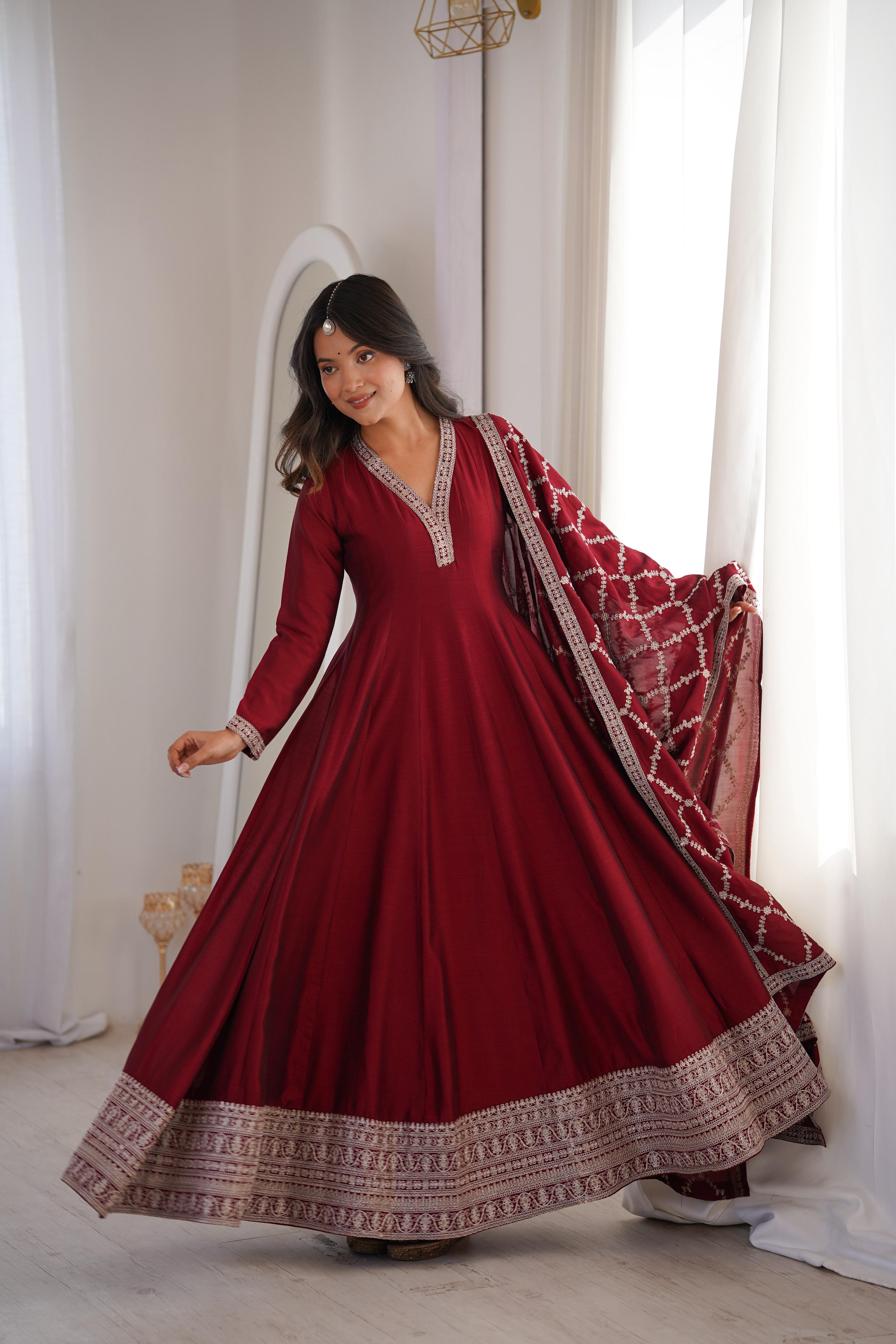 Maroon Pure Vichitra Silk Anarkali Suit Set, elegant design for festive occasions