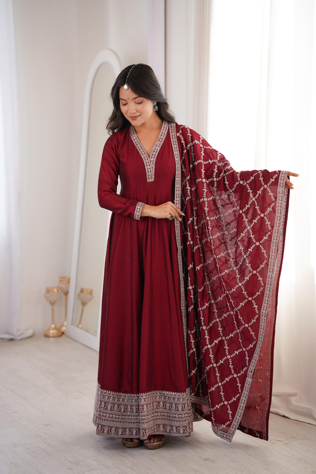 Maroon Pure Vichitra Silk Anarkali Suit Set, elegant design for festive occasions