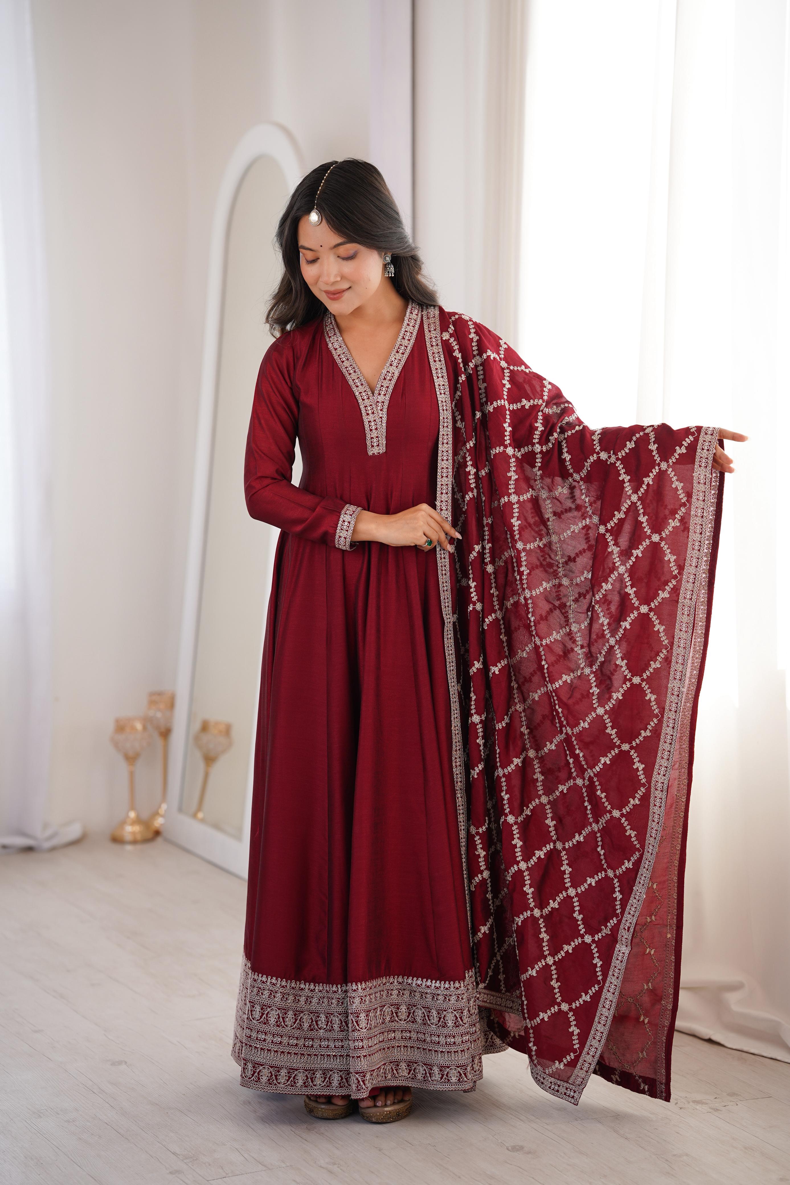 Maroon Pure Vichitra Silk Anarkali Suit Set, elegant design for festive occasions