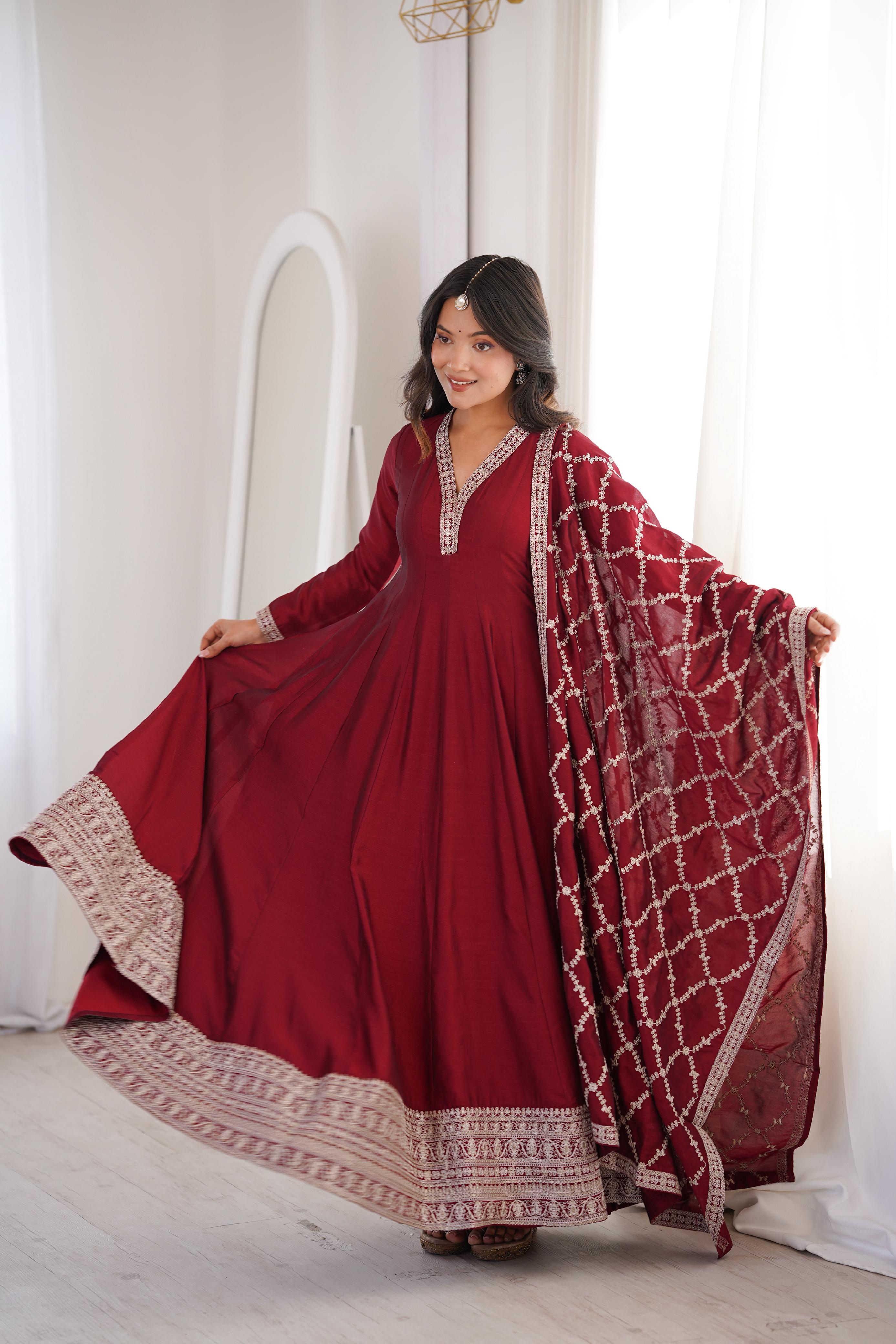 Maroon Pure Vichitra Silk Anarkali Suit Set, elegant design for festive occasions