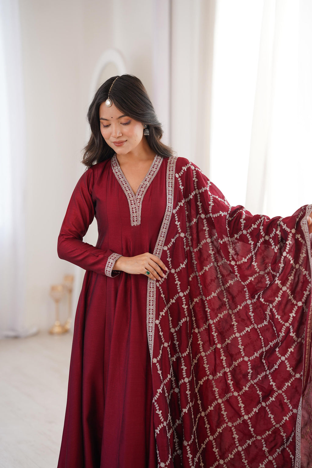 Maroon Pure Vichitra Silk Anarkali Suit Set, elegant design for festive occasions