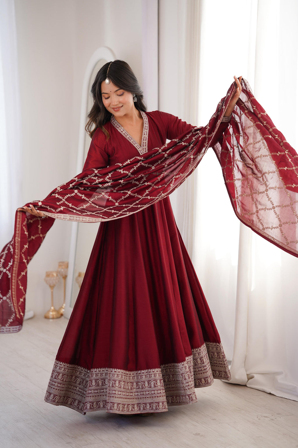 Maroon Pure Vichitra Silk Anarkali Suit Set, elegant design for festive occasions
