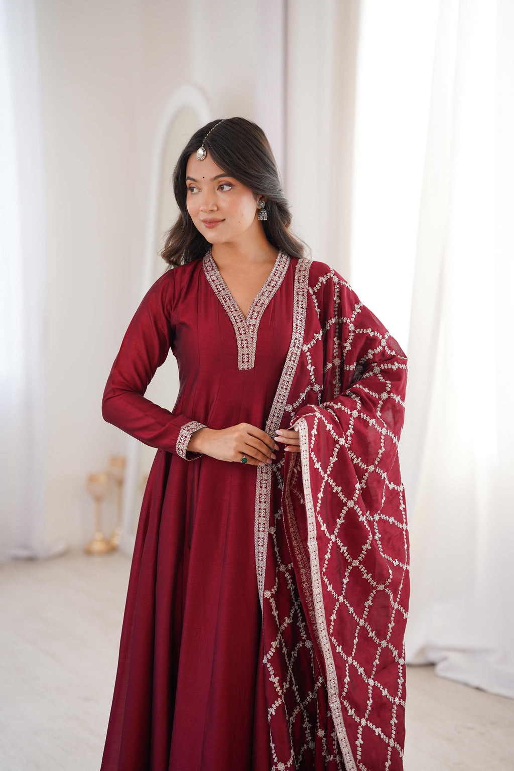 Maroon Pure Vichitra Silk Anarkali Suit Set, elegant design for festive occasions