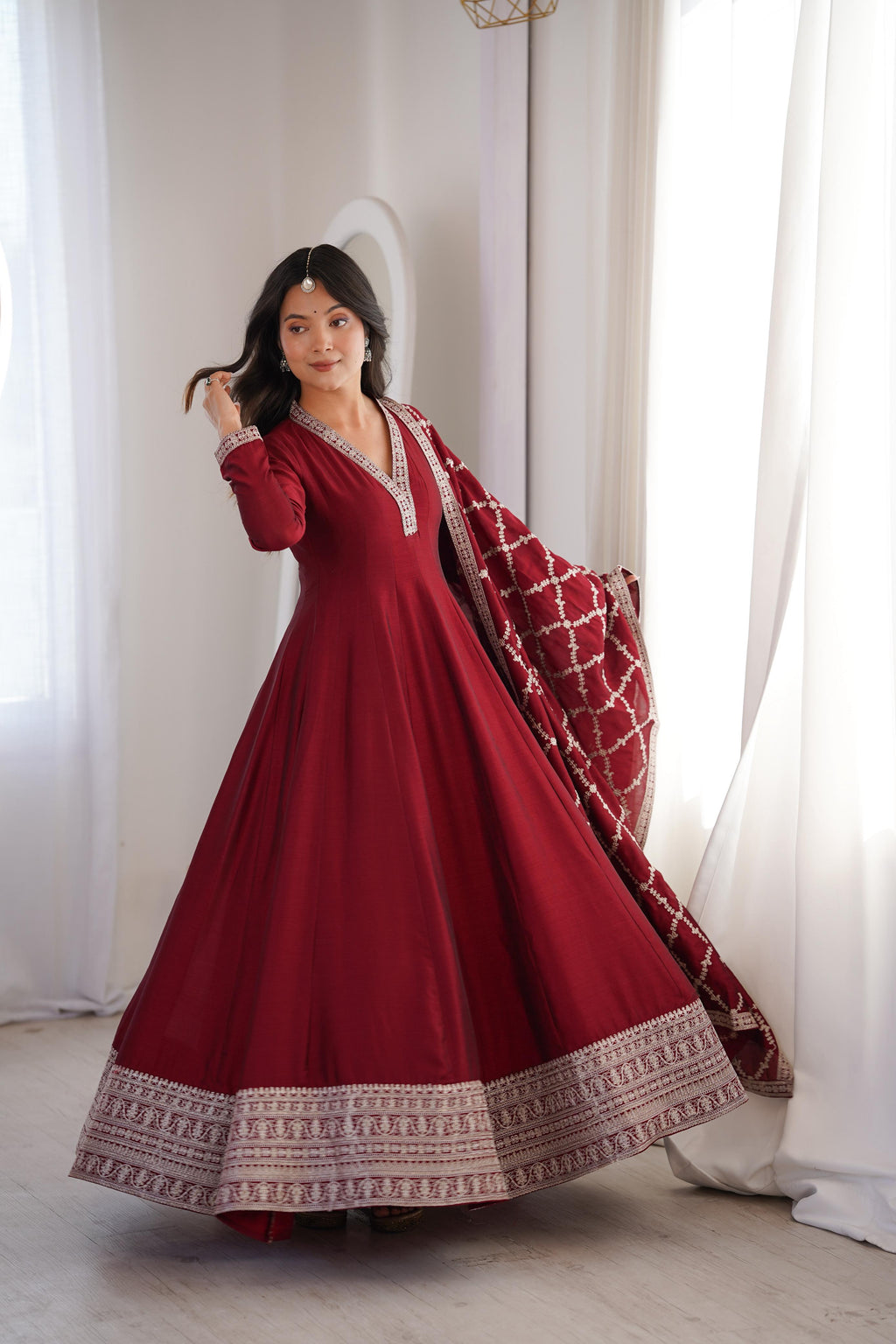 Maroon Pure Vichitra Silk Anarkali Suit Set, elegant design for festive occasions