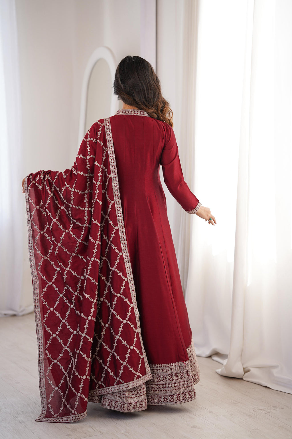 Maroon Pure Vichitra Silk Anarkali Suit Set, elegant design for festive occasions