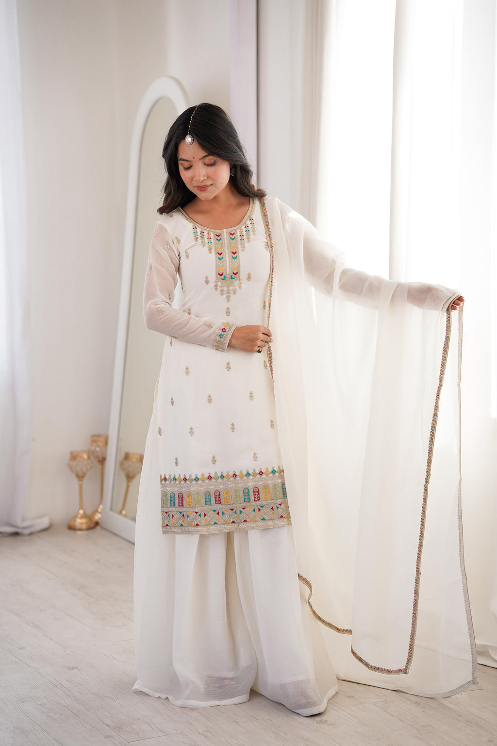 White Soft Crunchy Silk Kurta Suit Set for Parties and Celebrations
