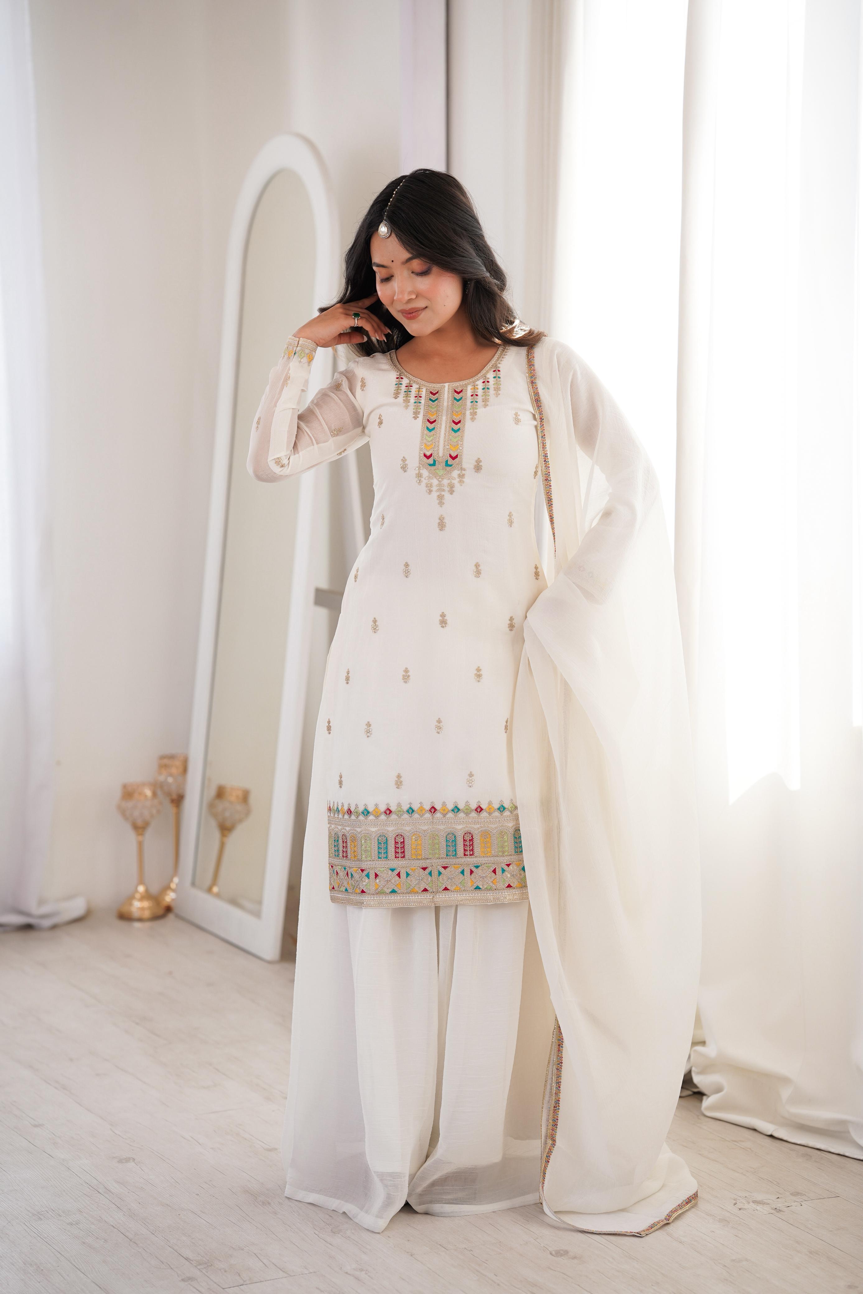 White Soft Crunchy Silk Kurta Suit Set for Parties and Celebrations