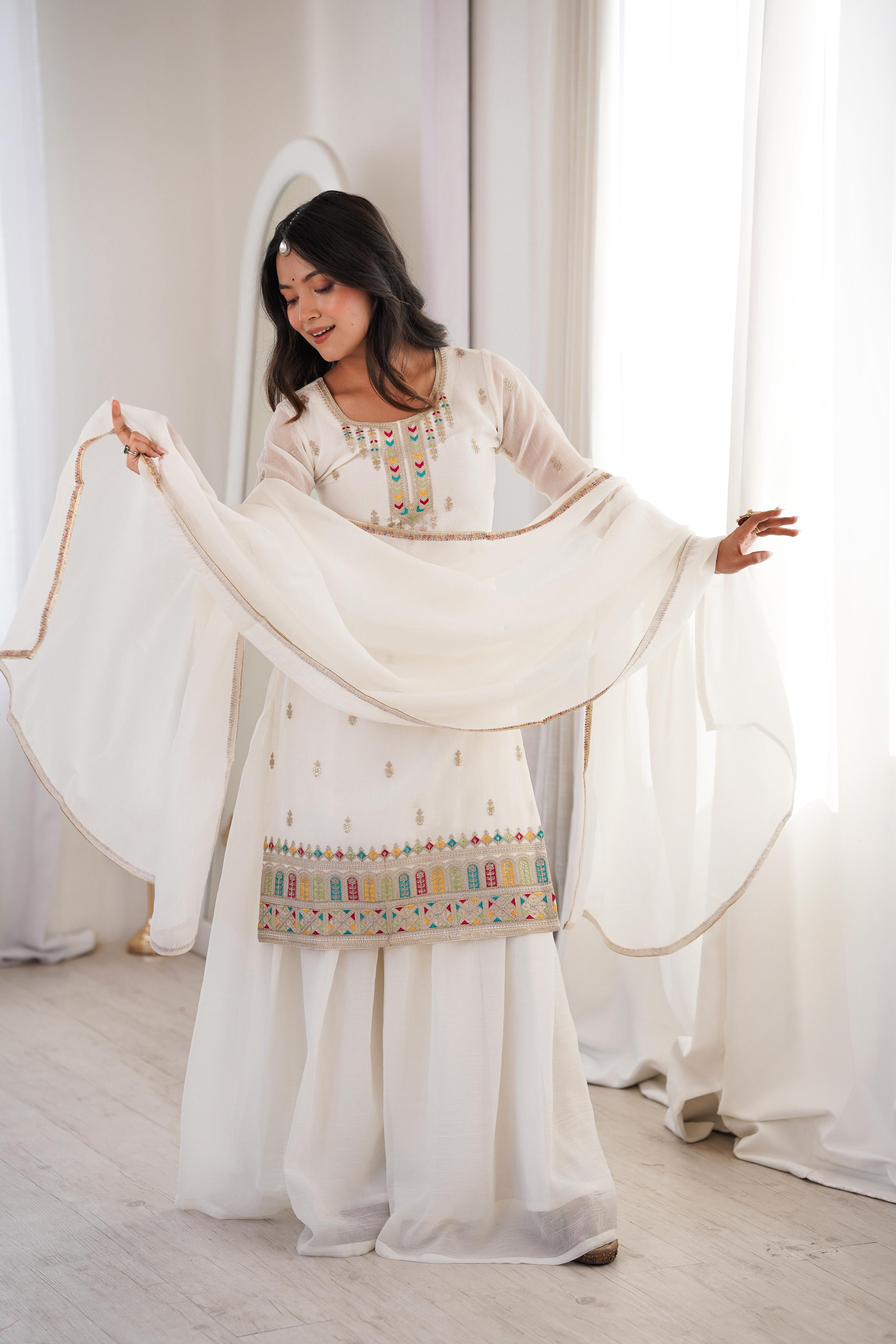 White Soft Crunchy Silk Kurta Suit Set for Parties and Celebrations