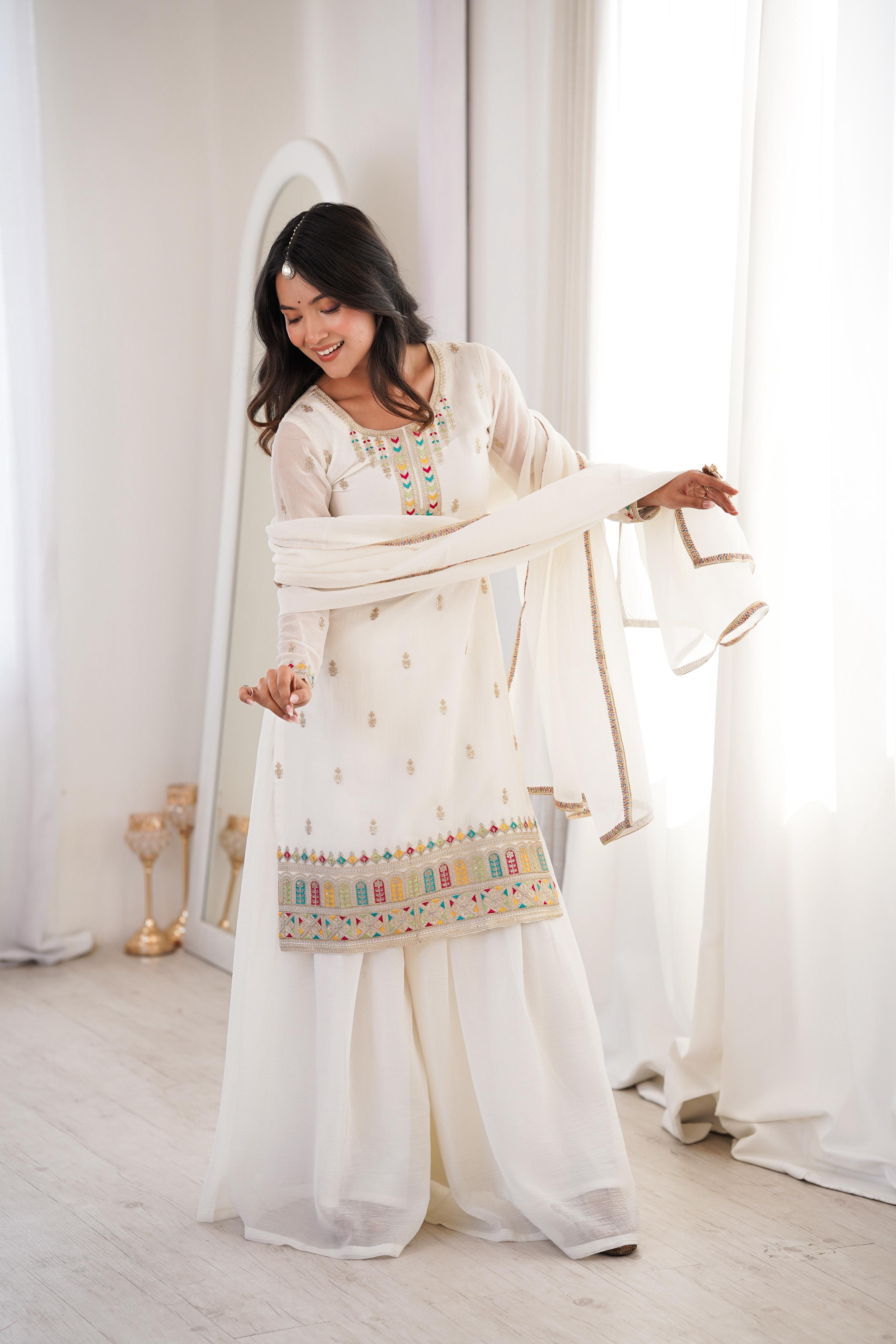 White Soft Crunchy Silk Kurta Suit Set for Parties and Celebrations