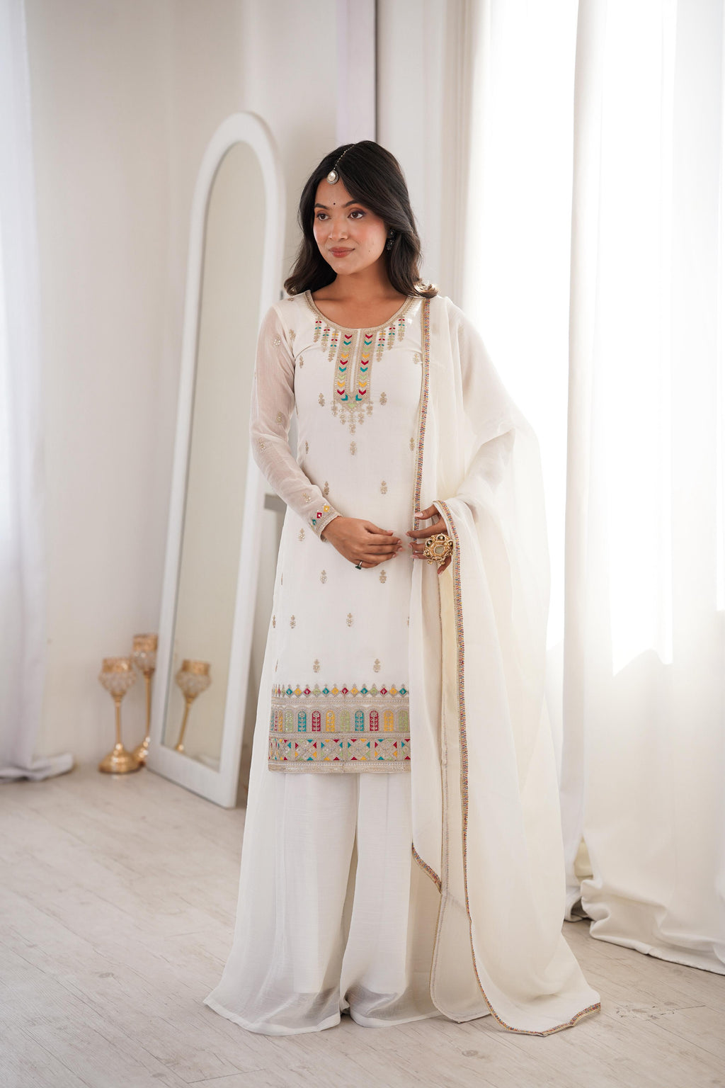 White Soft Crunchy Silk Kurta Suit Set for Parties and Celebrations