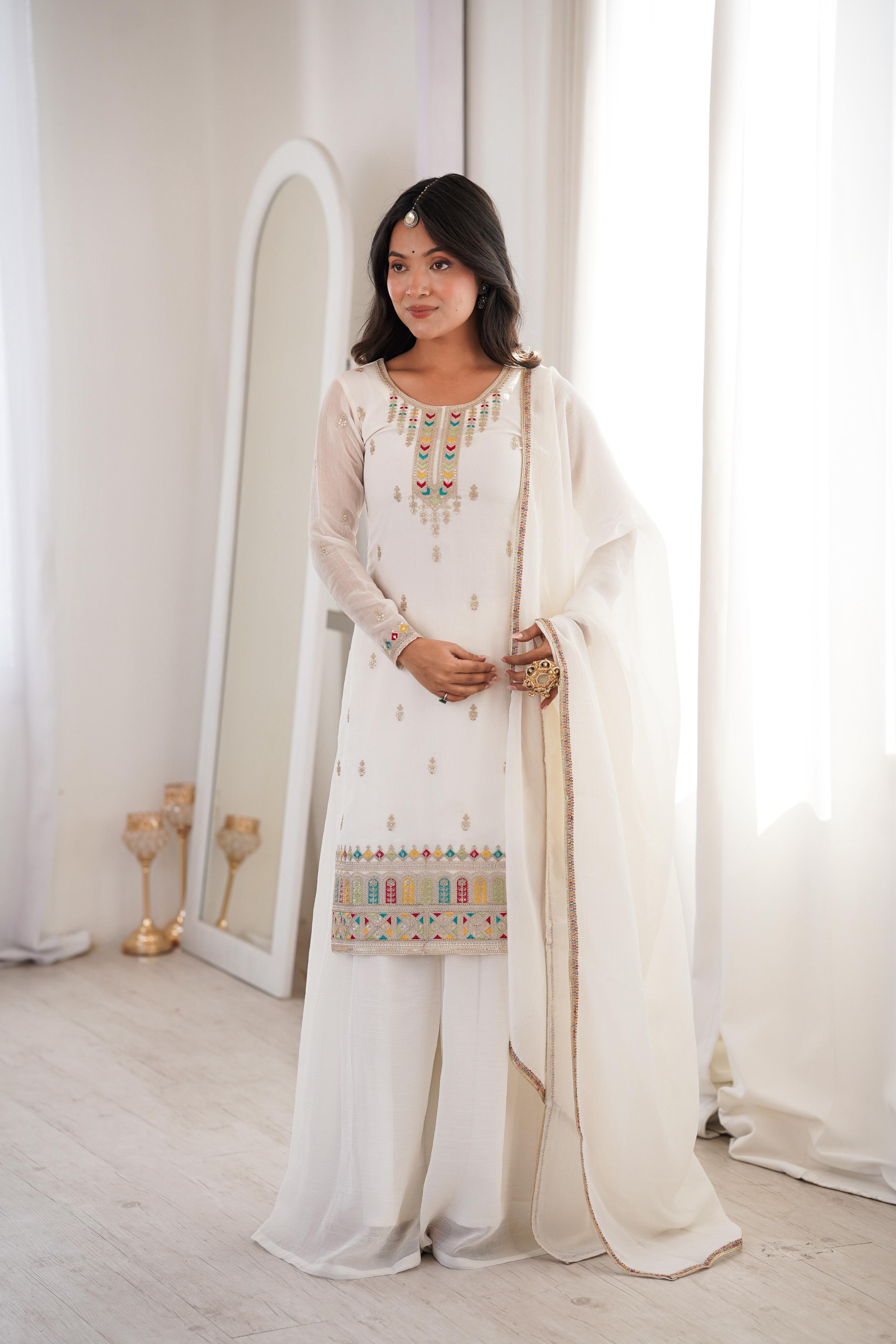 White Soft Crunchy Silk Kurta Suit Set for Parties and Celebrations