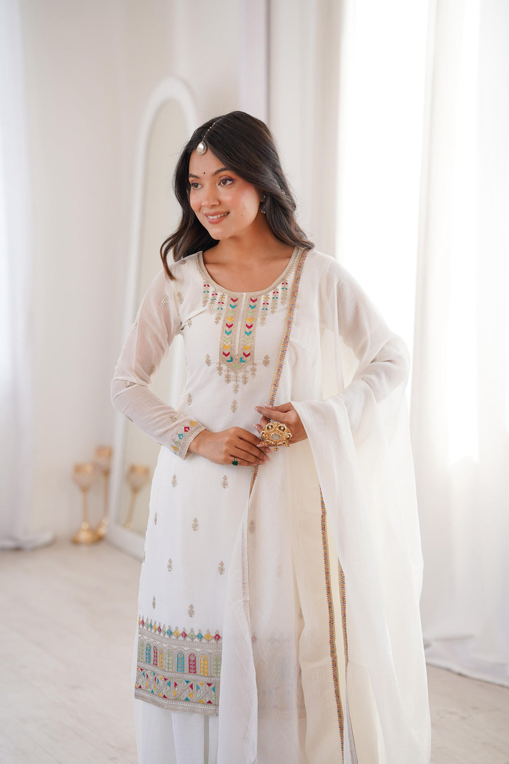 White Soft Crunchy Silk Kurta Suit Set for Parties and Celebrations