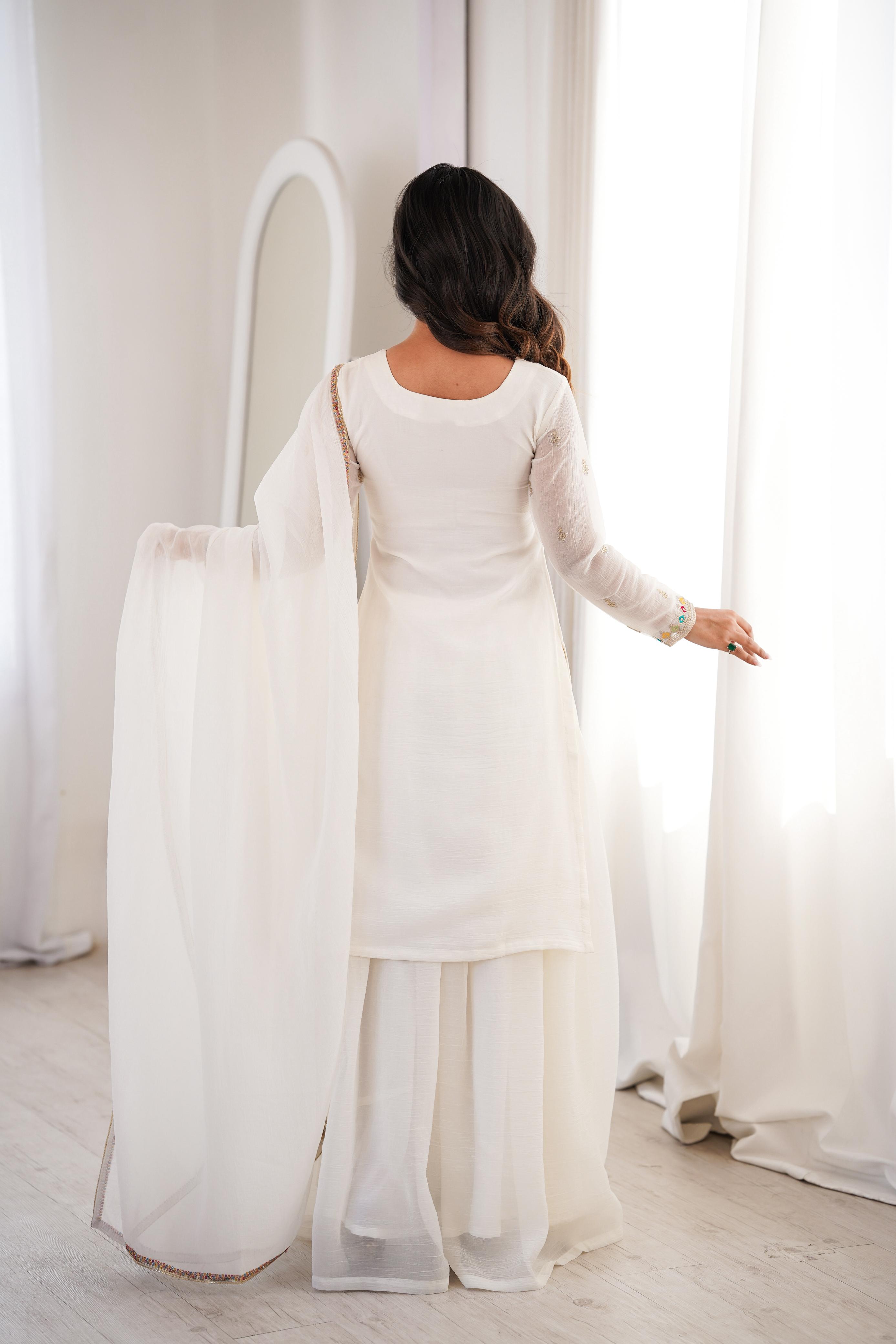 White Soft Crunchy Silk Kurta Suit Set for Parties and Celebrations