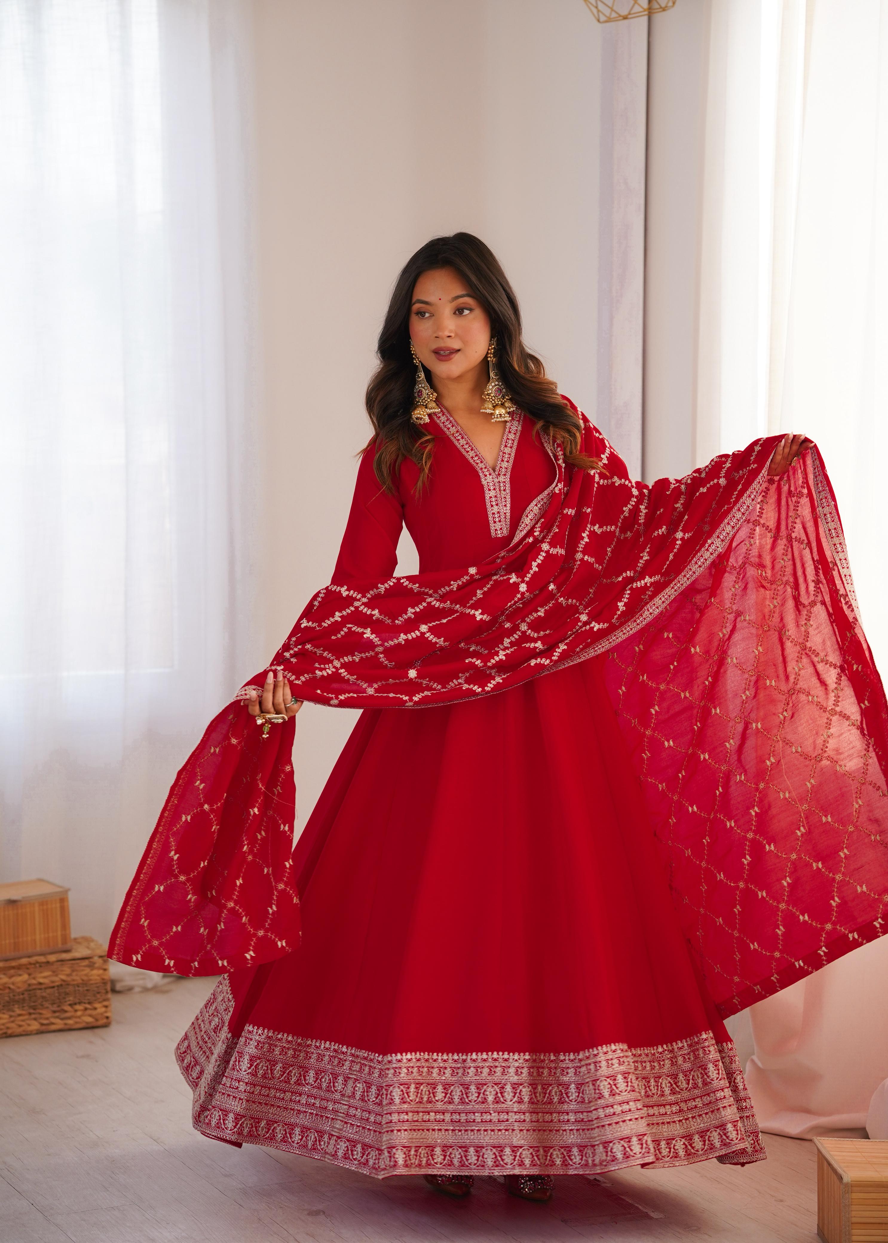 Red Pure Vichitra Silk Anarkali Suit Set, elegant design for festive occasions
