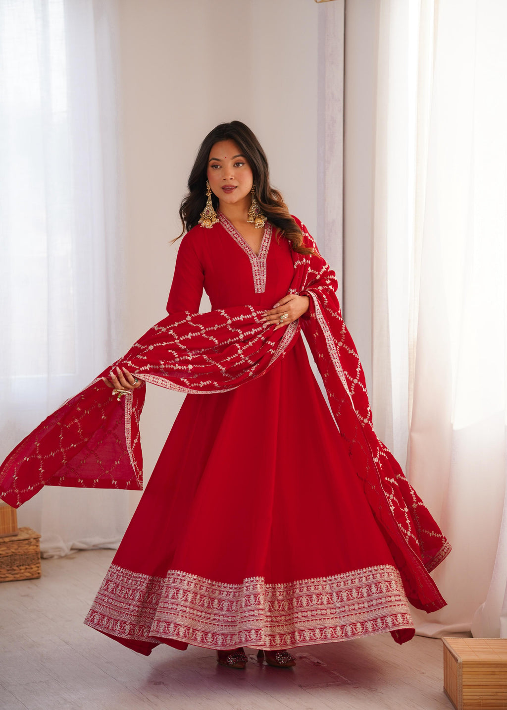 Red Pure Vichitra Silk Anarkali Suit Set, elegant design for festive occasions