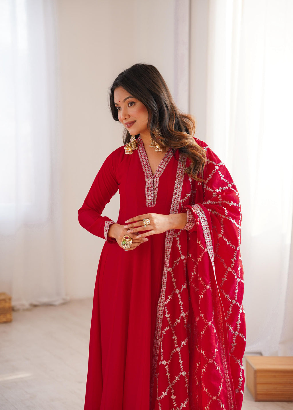 Red Pure Vichitra Silk Anarkali Suit Set, elegant design for festive occasions
