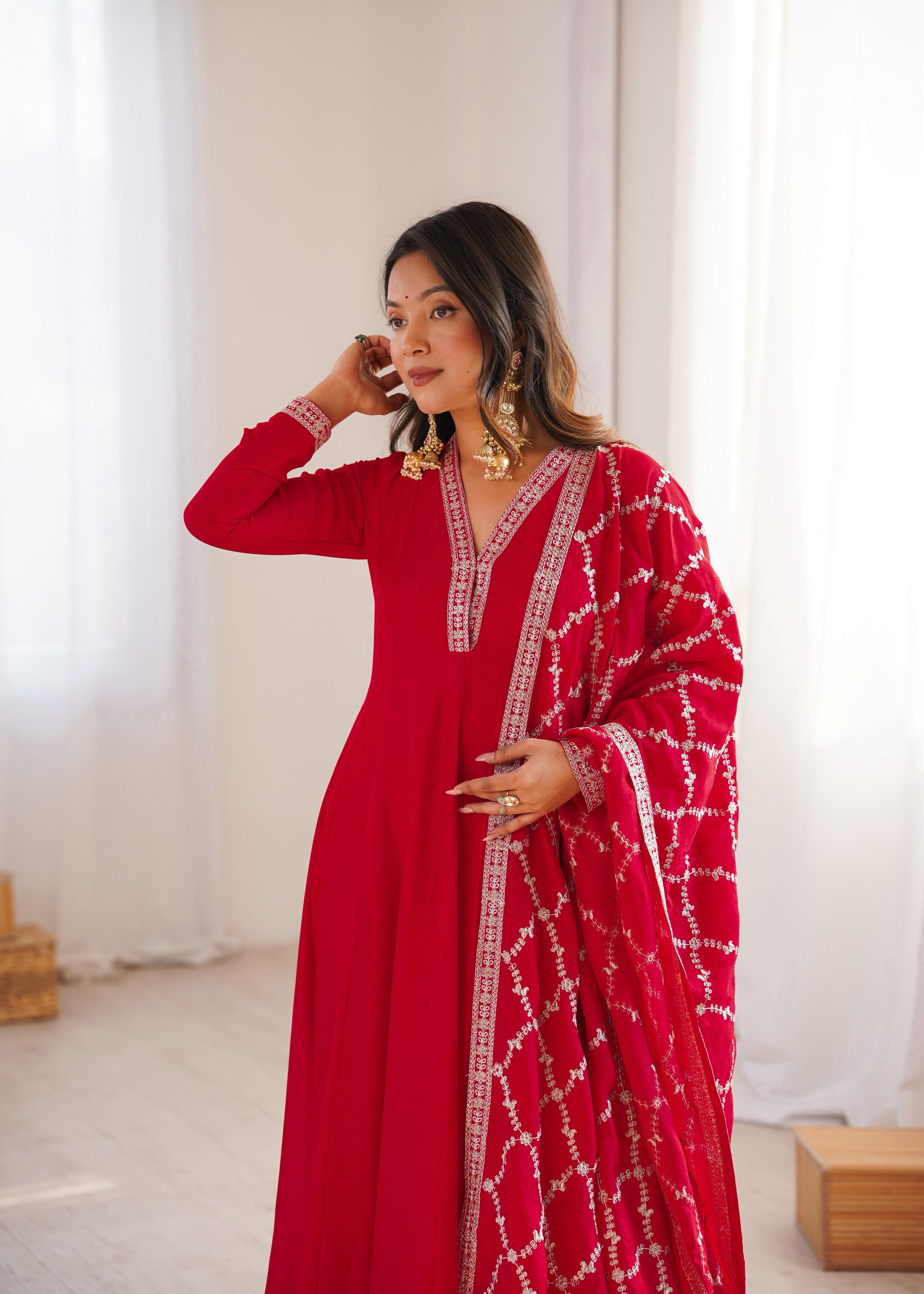 Red Pure Vichitra Silk Anarkali Suit Set, elegant design for festive occasions