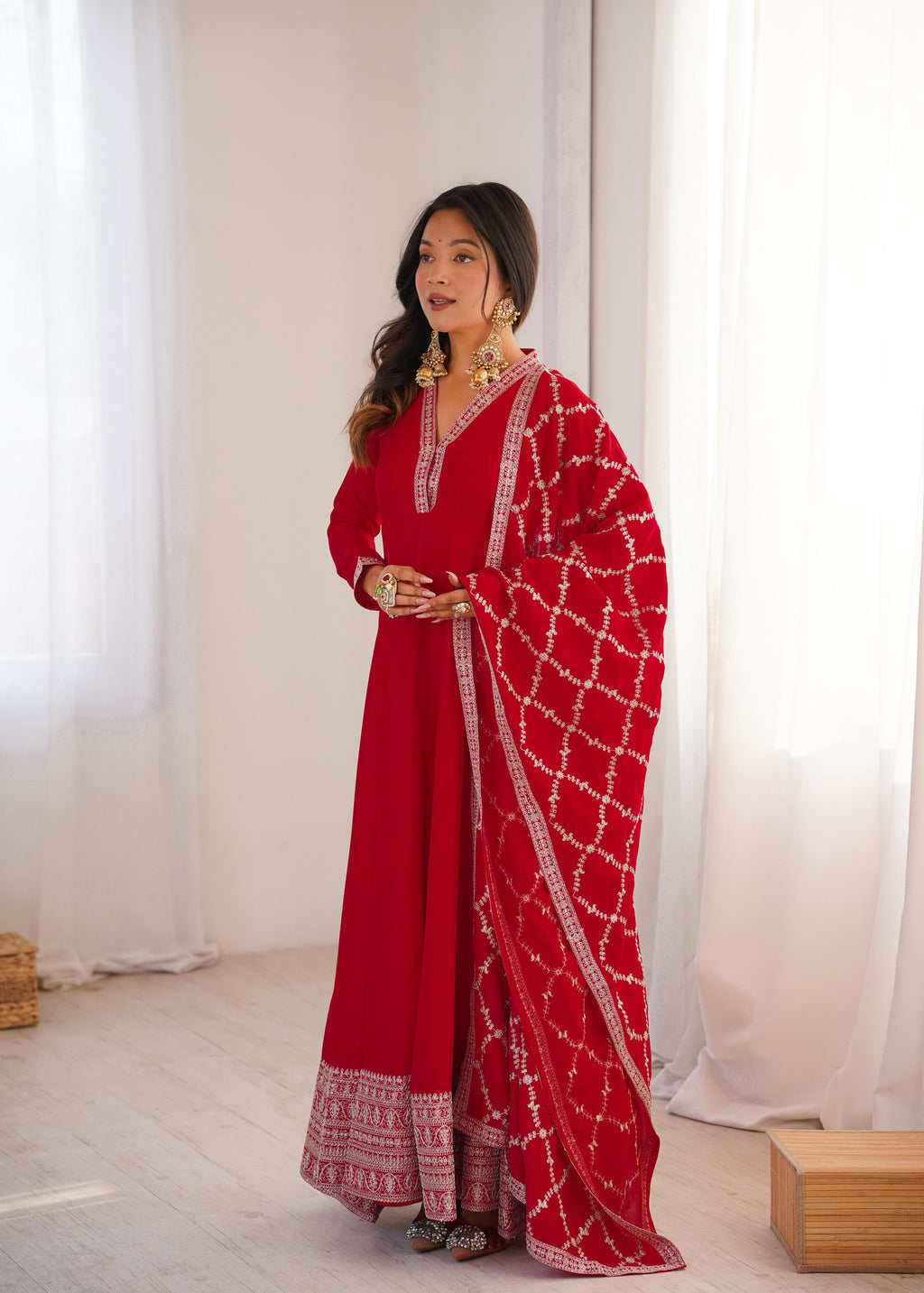 Red Pure Vichitra Silk Anarkali Suit Set, elegant design for festive occasions