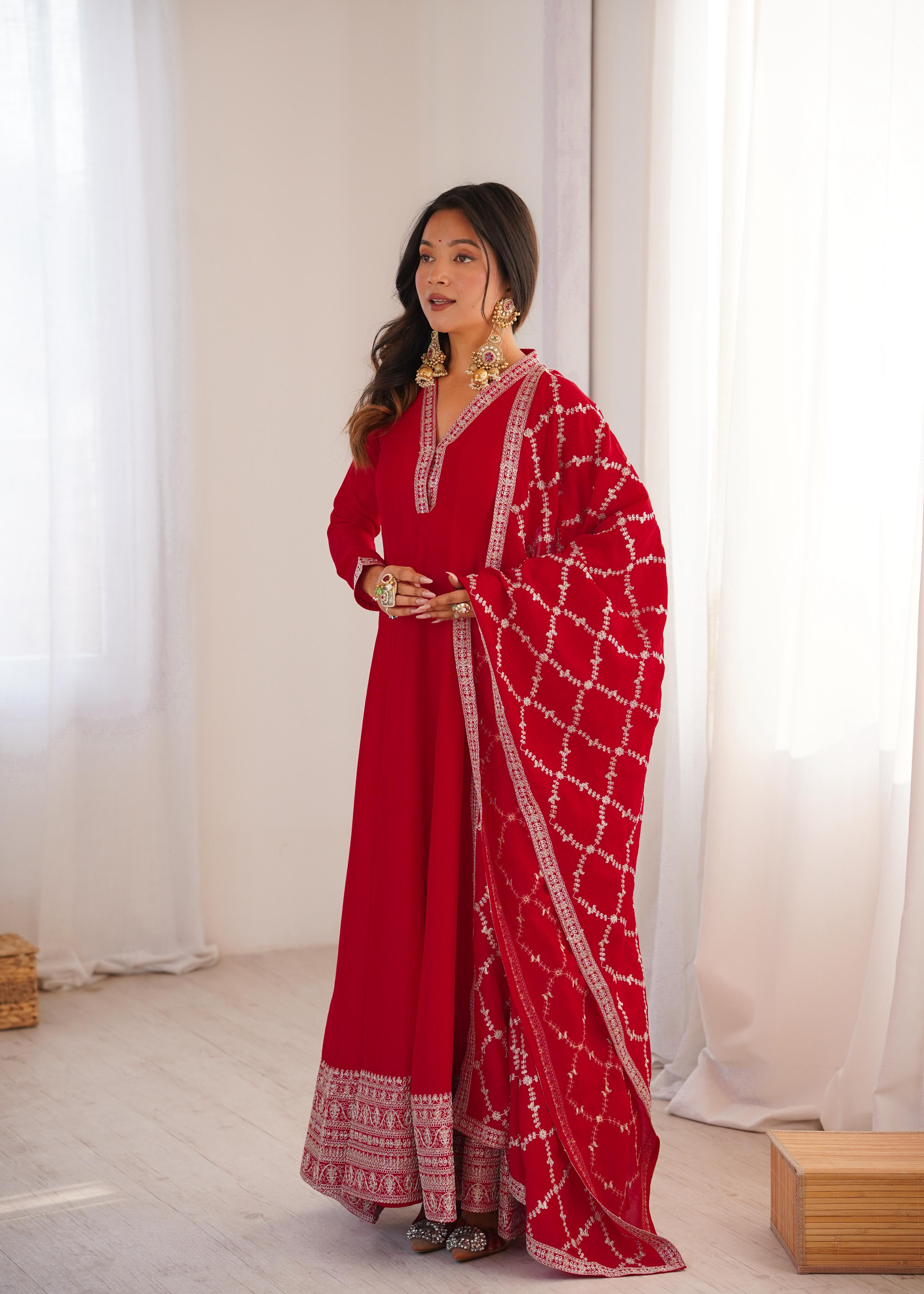 Red Pure Vichitra Silk Anarkali Suit Set, elegant design for festive occasions