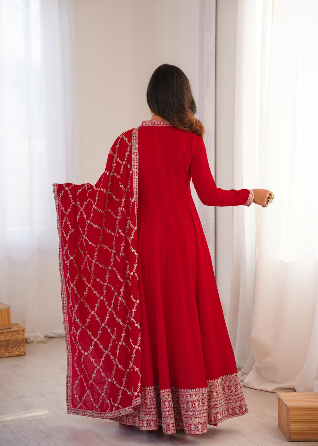 Red Pure Vichitra Silk Anarkali Suit Set, elegant design for festive occasions