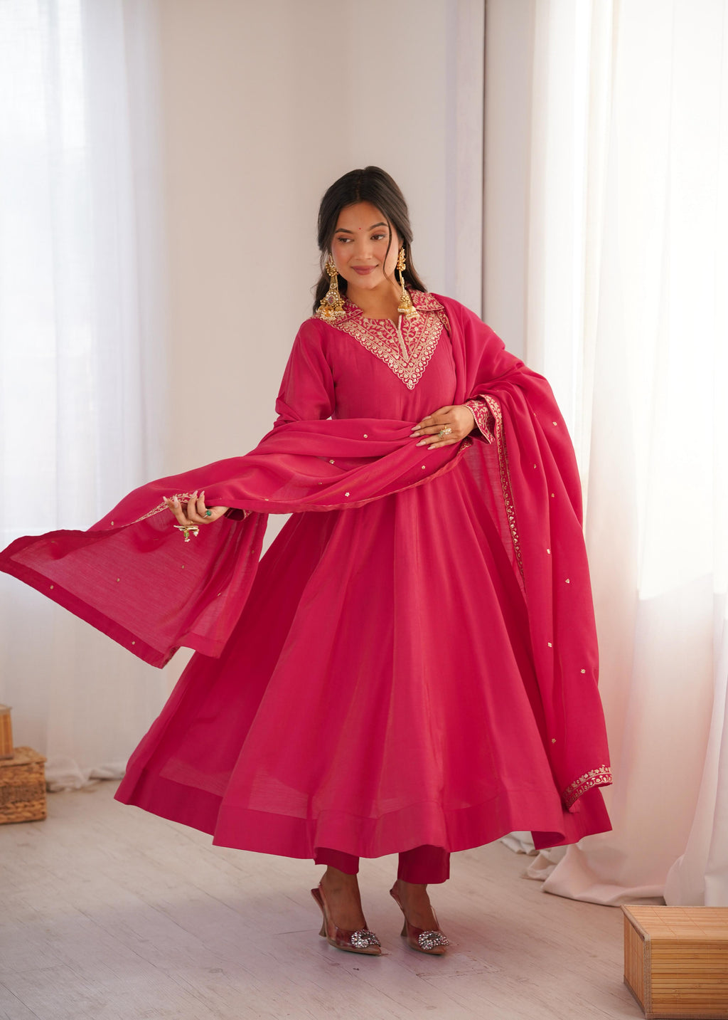 Pink Pure Roman Shimmer Silk Anarkali Suit Set