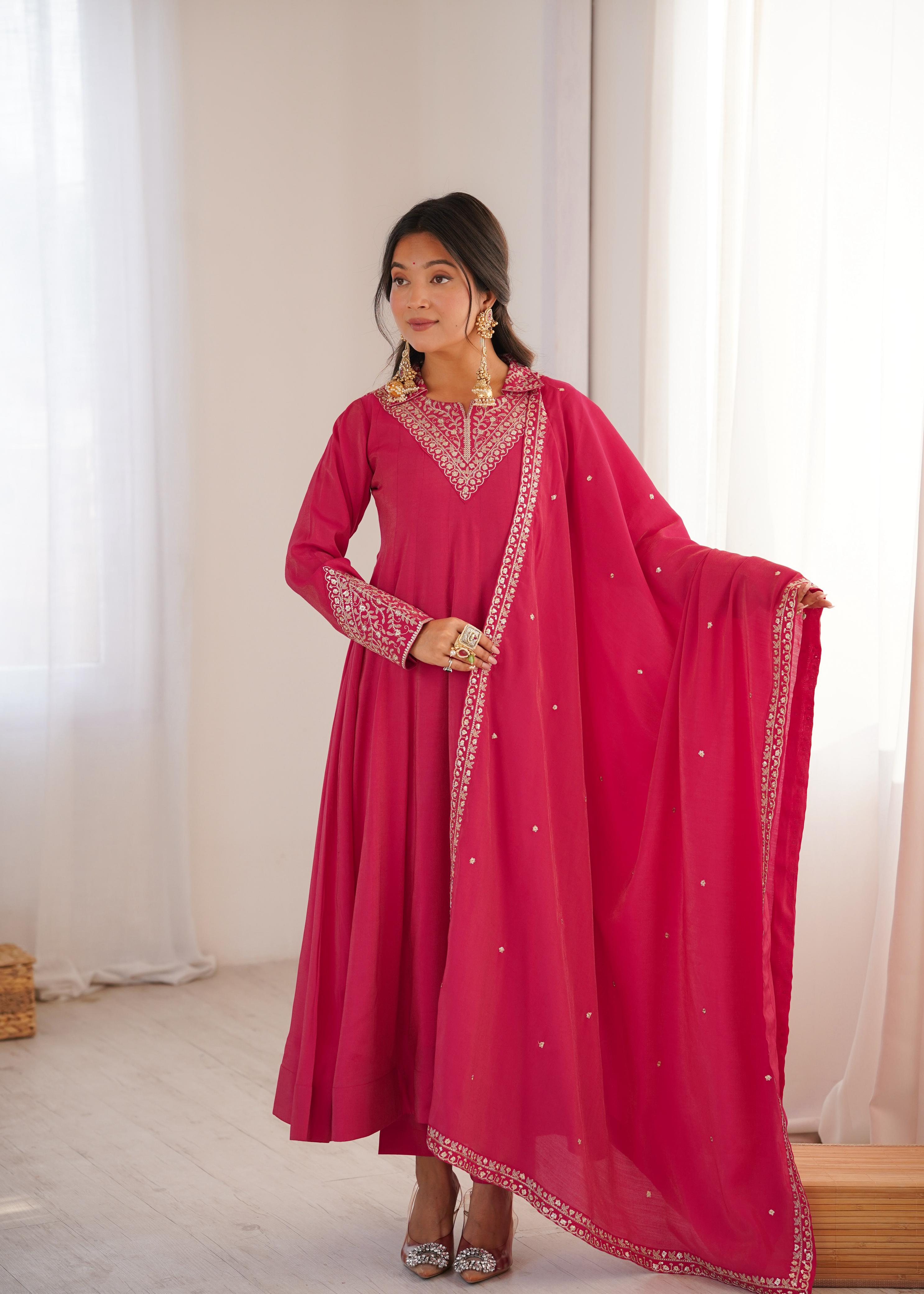 Pink Pure Roman Shimmer Silk Anarkali Suit Set