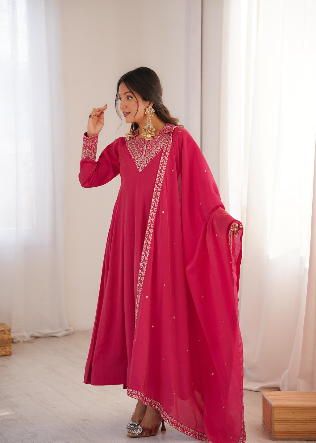 Pink Pure Roman Shimmer Silk Anarkali Suit Set