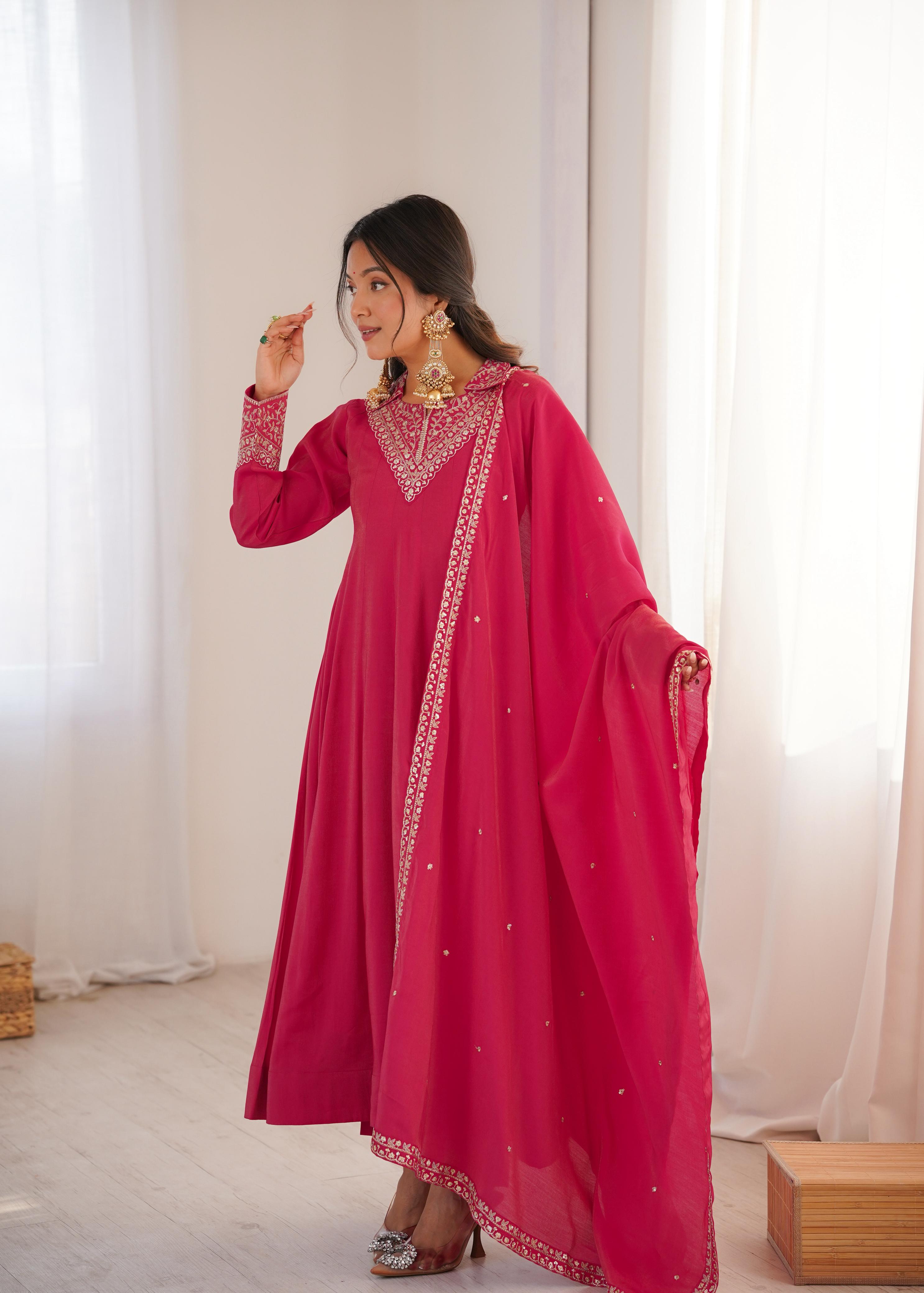 Pink Pure Roman Shimmer Silk Anarkali Suit Set