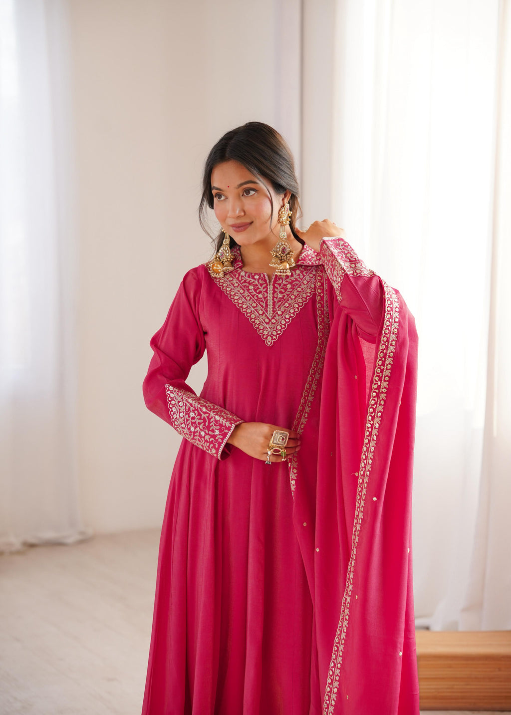 Pink Pure Roman Shimmer Silk Anarkali Suit Set