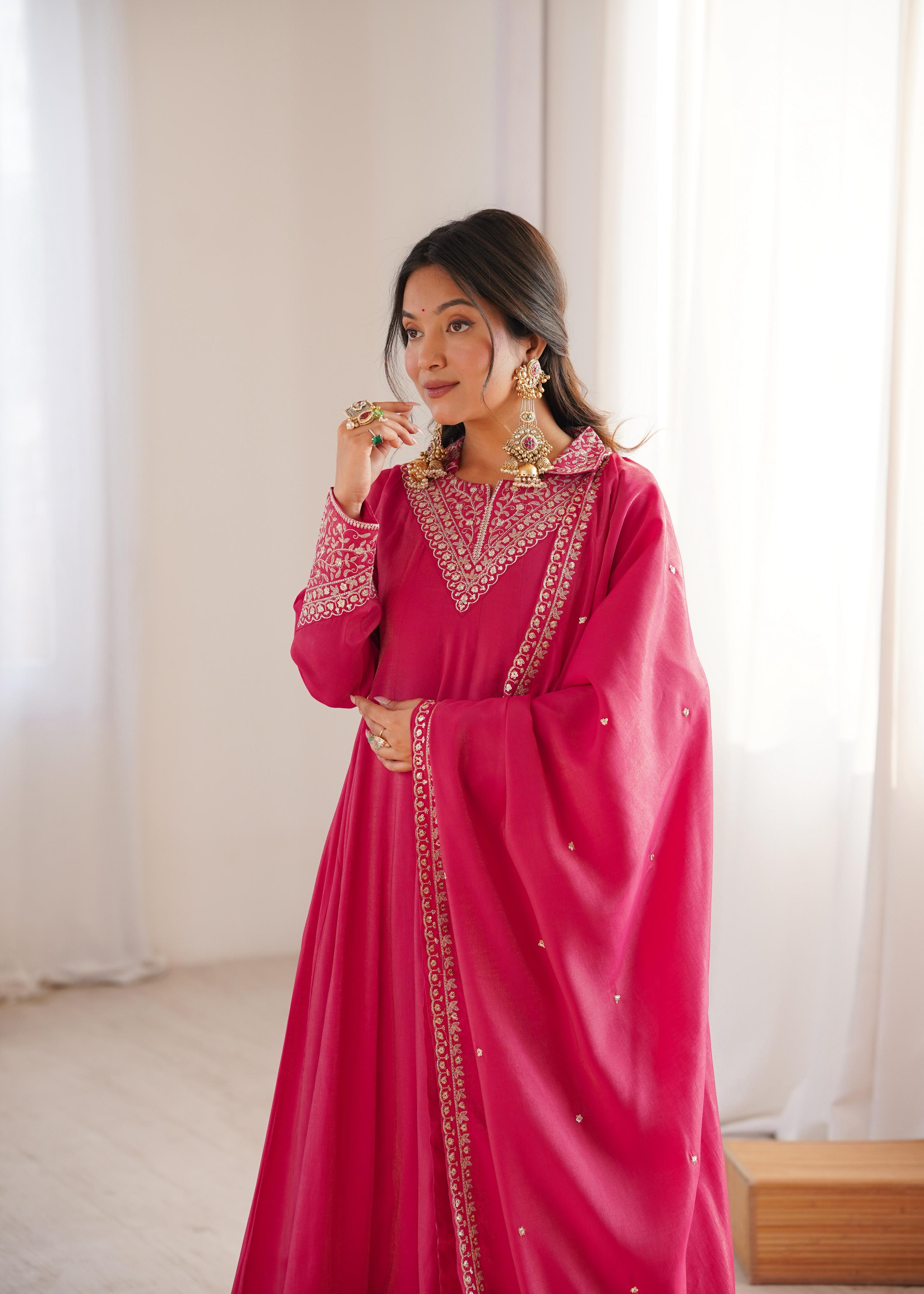 Pink Pure Roman Shimmer Silk Anarkali Suit Set