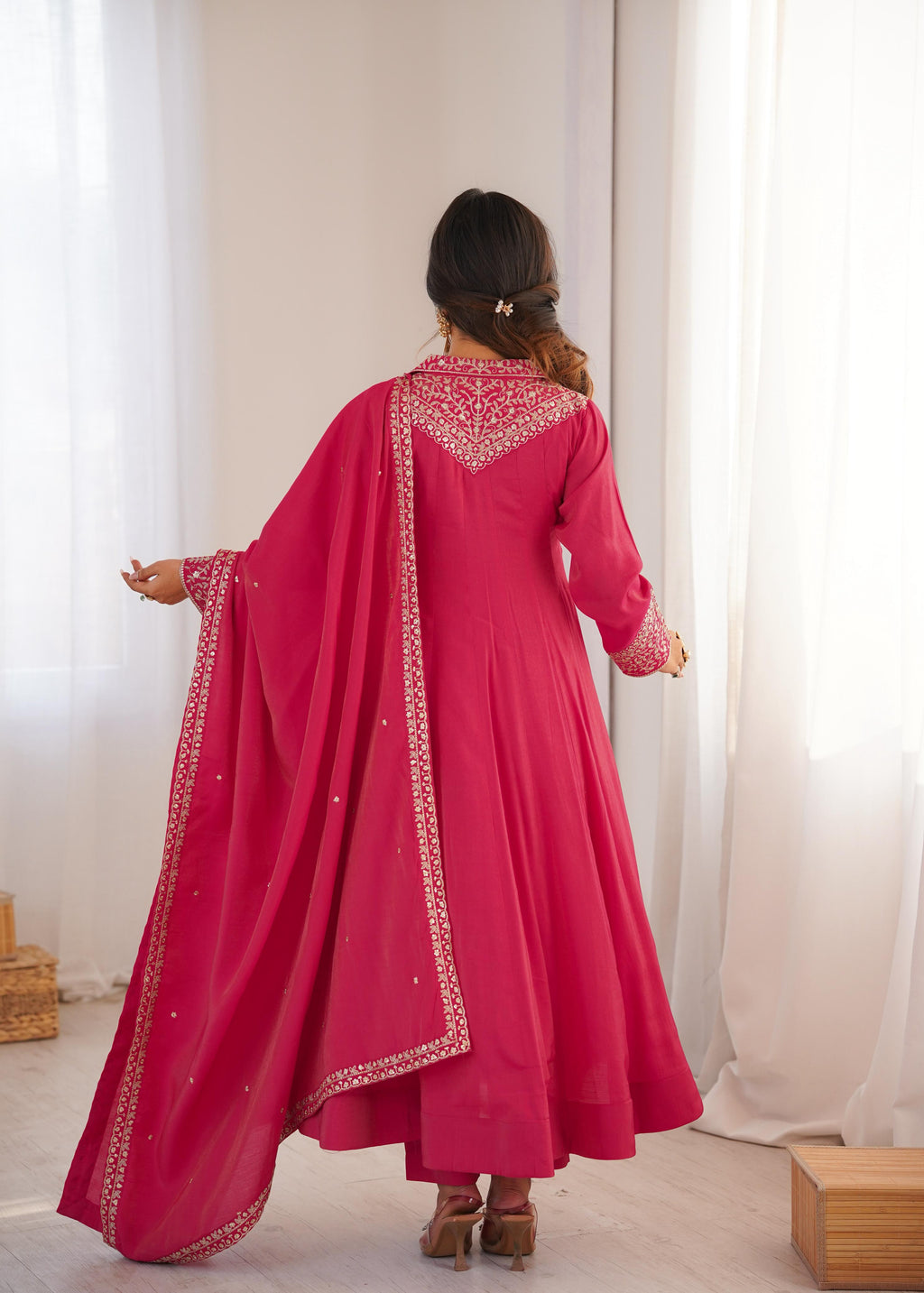 Pink Pure Roman Shimmer Silk Anarkali Suit Set