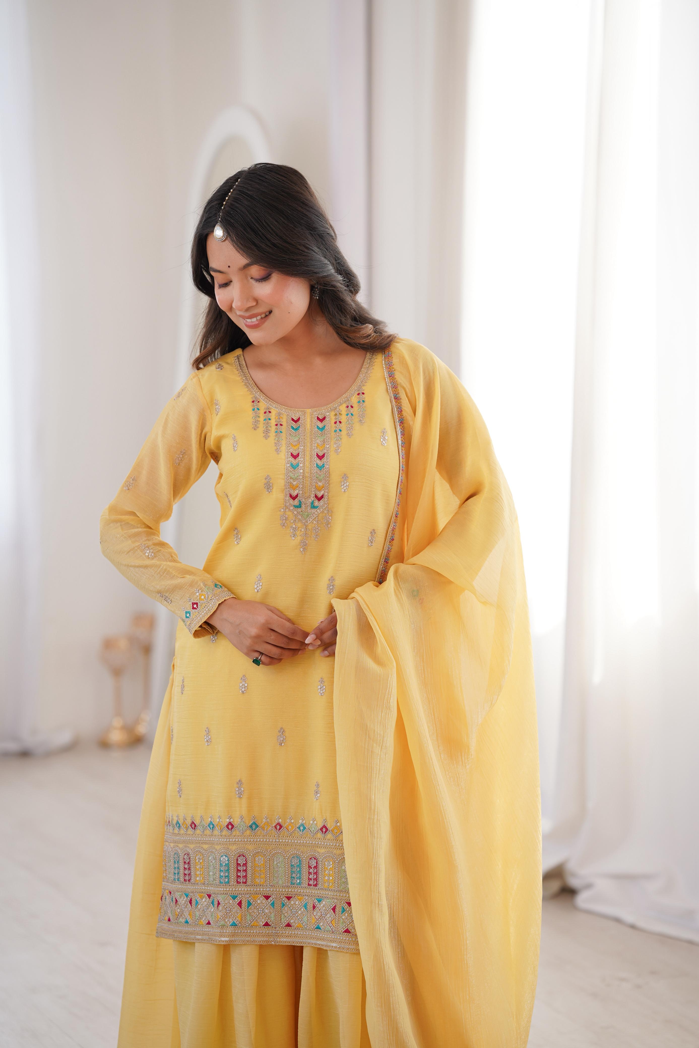 Yellow Soft Crunchy Silk Kurta Suit Set for Parties and Celebrations