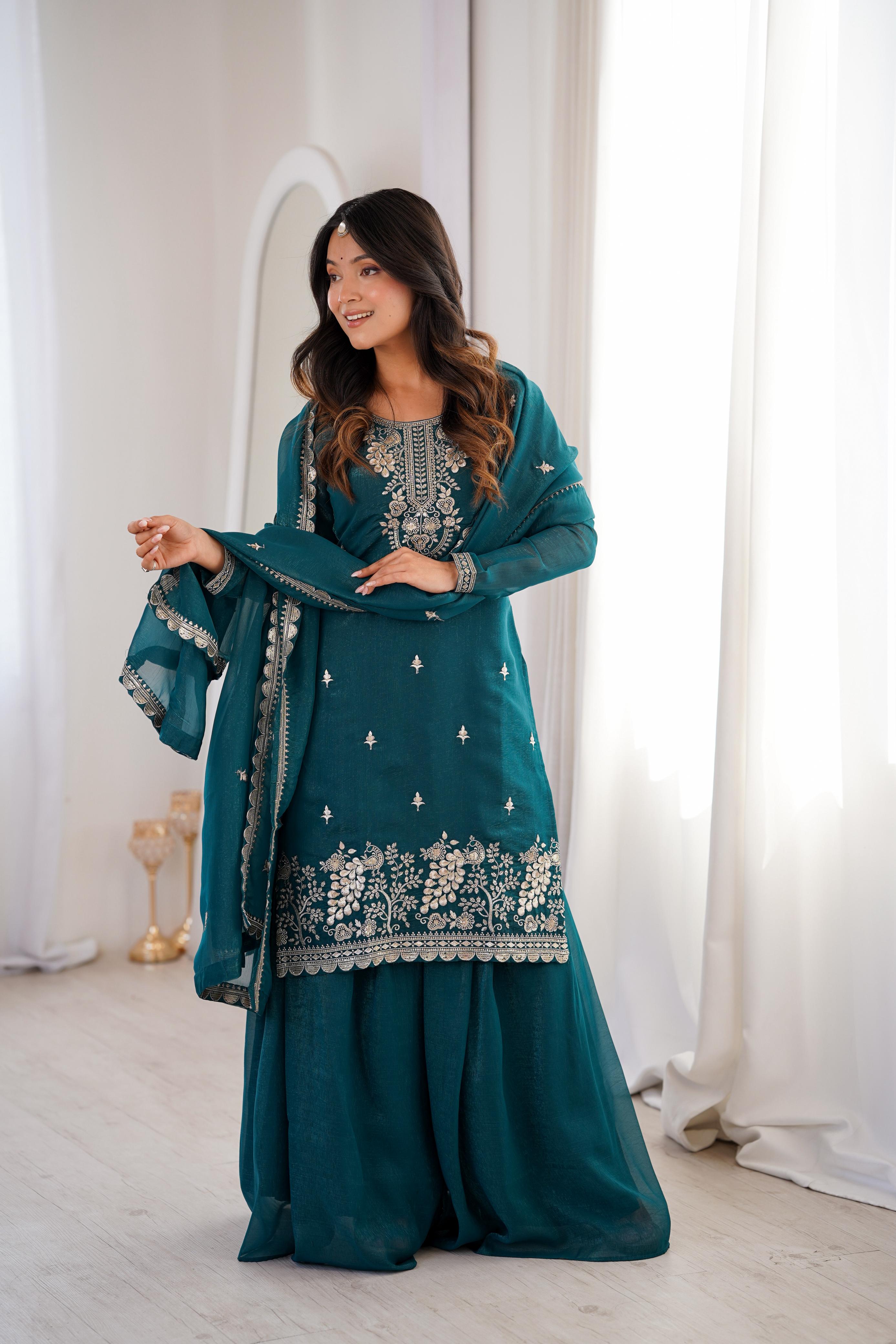 Teal Pure Soft Crunchy Silk Kurta Suit Set for festive wear