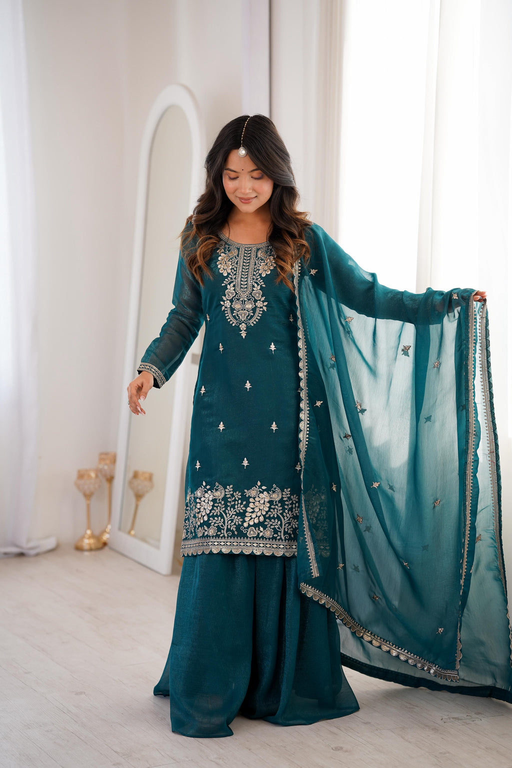 Teal Pure Soft Crunchy Silk Kurta Suit Set for festive wear