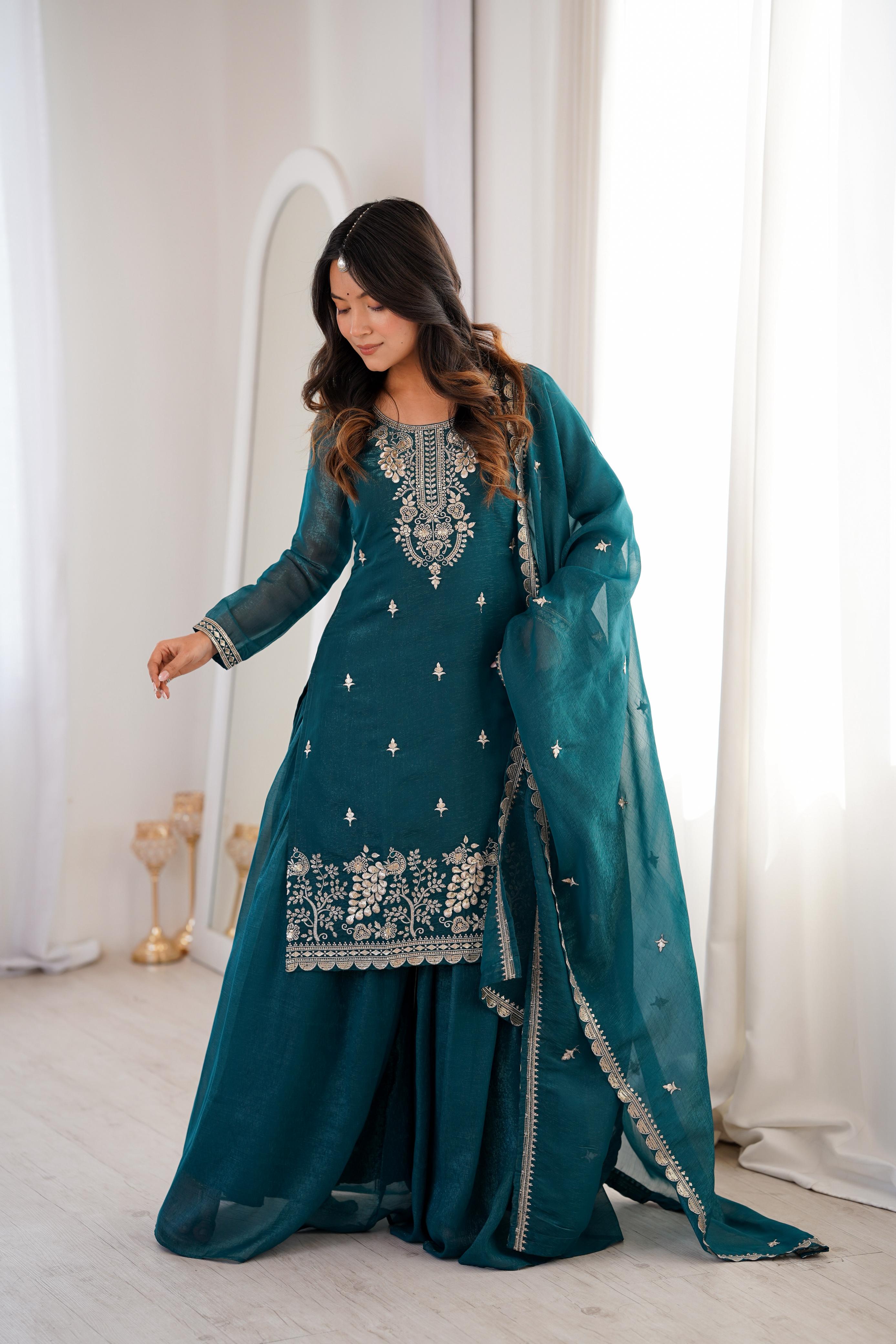 Teal Pure Soft Crunchy Silk Kurta Suit Set for festive wear