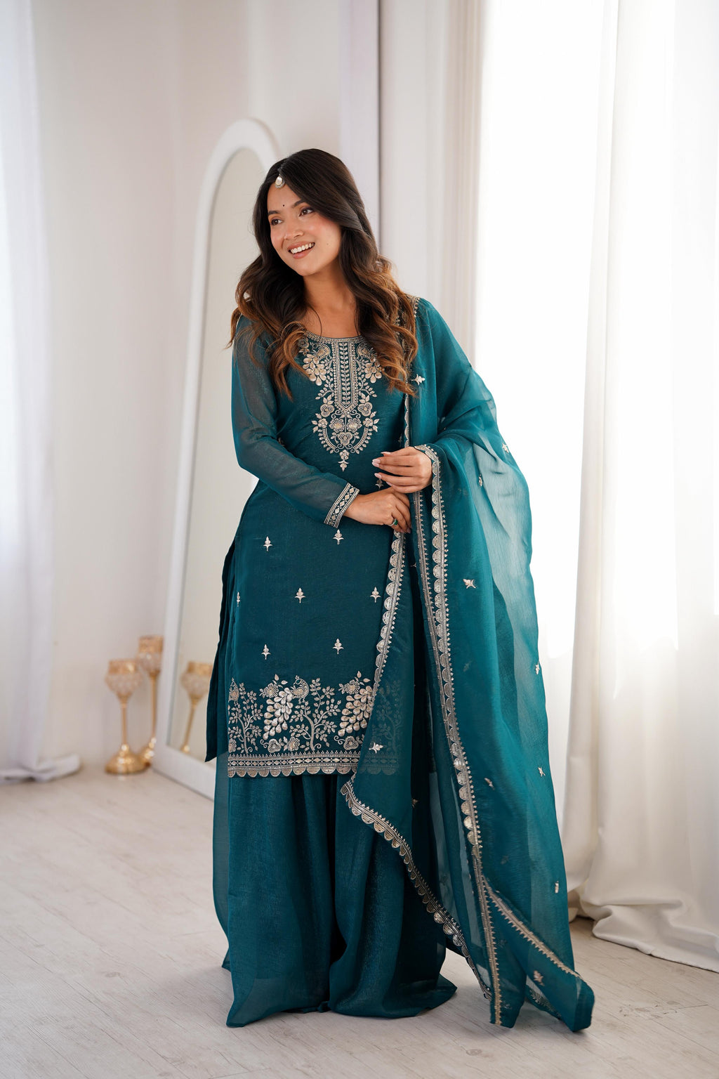 Teal Pure Soft Crunchy Silk Kurta Suit Set for festive wear