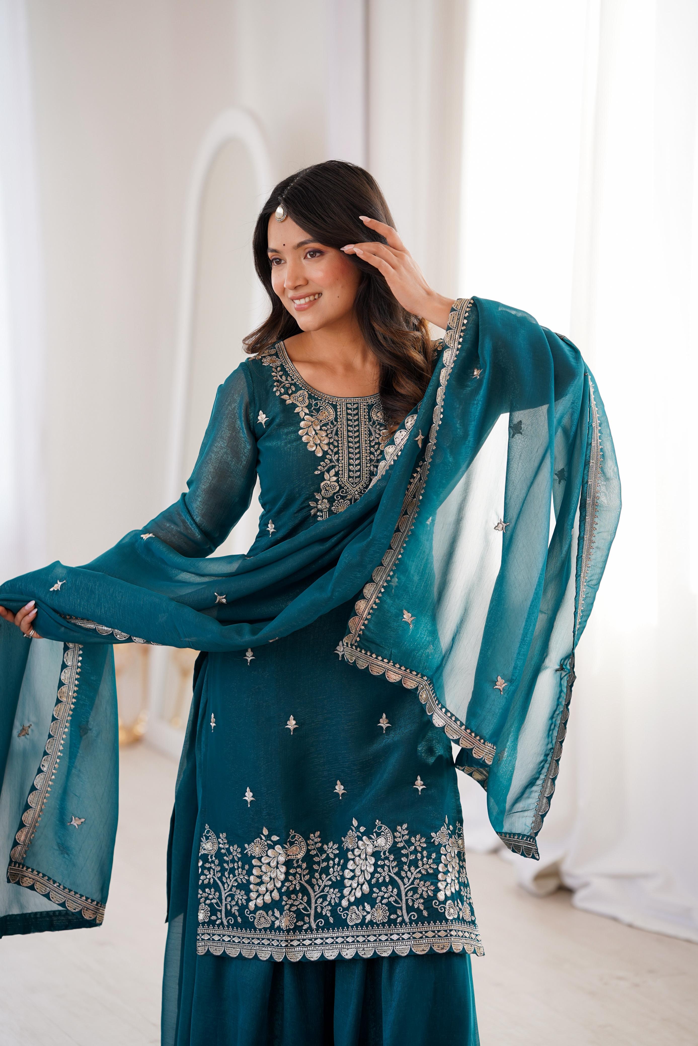Teal Pure Soft Crunchy Silk Kurta Suit Set for festive wear
