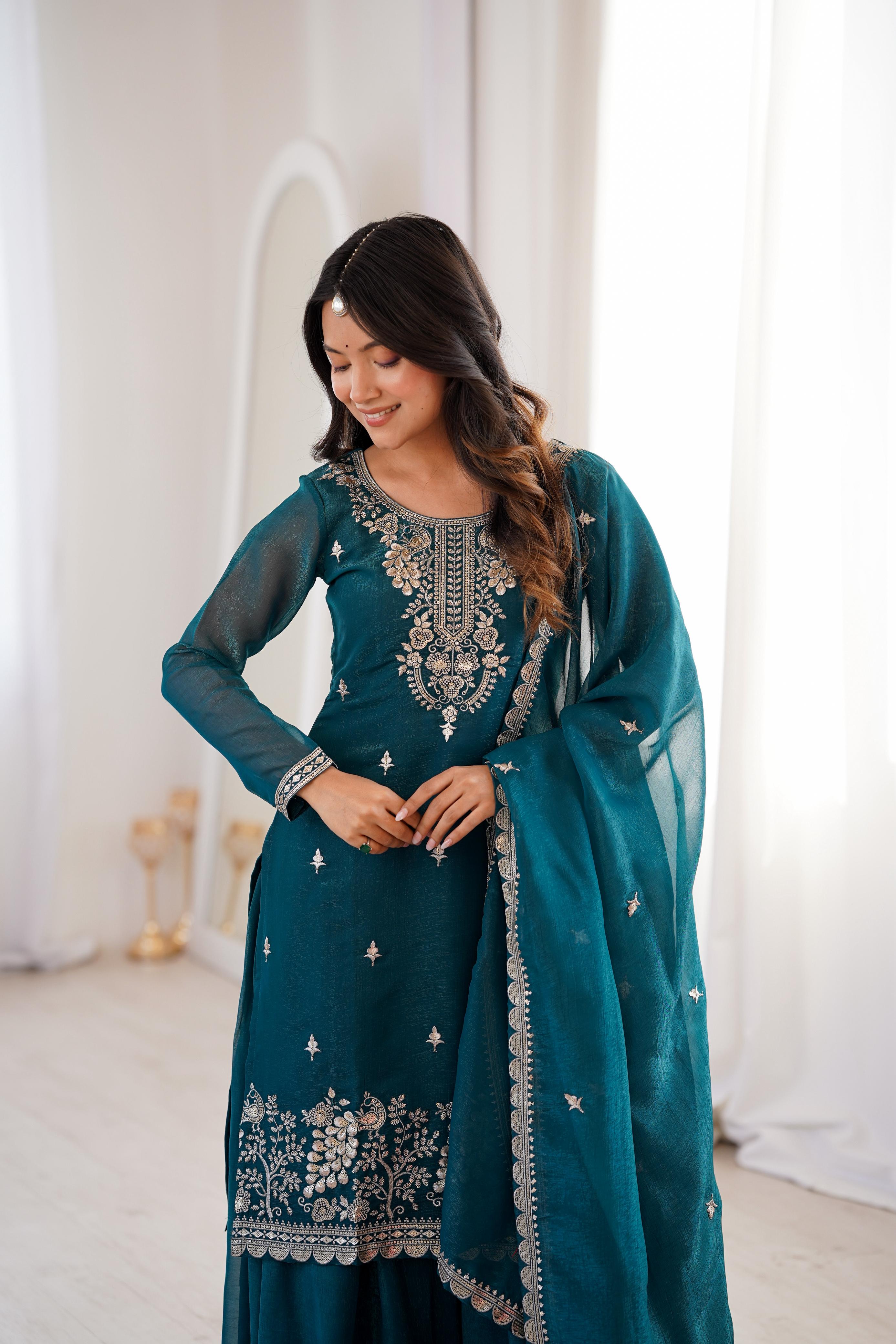 Teal Pure Soft Crunchy Silk Kurta Suit Set for festive wear