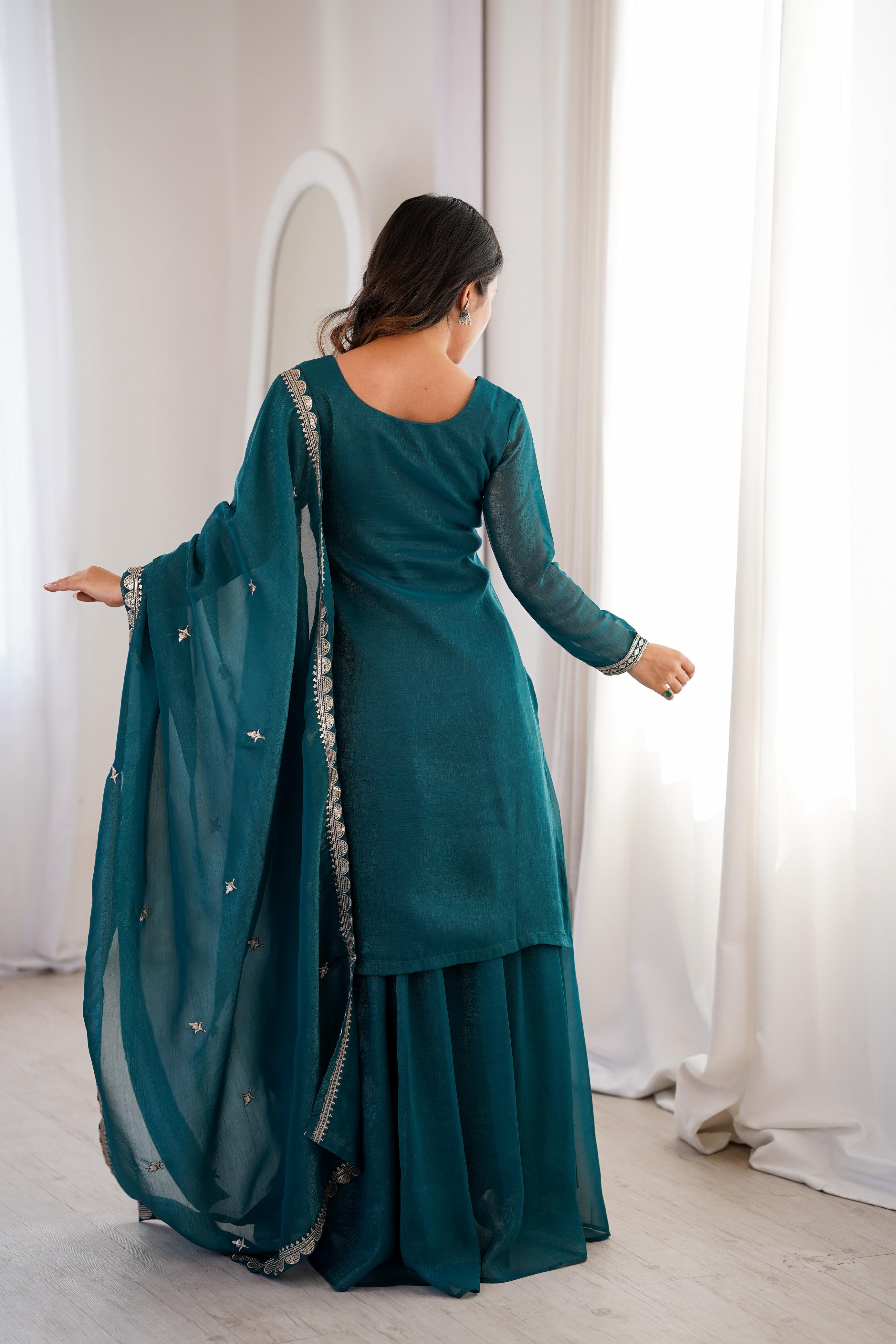 Teal Pure Soft Crunchy Silk Kurta Suit Set for festive wear