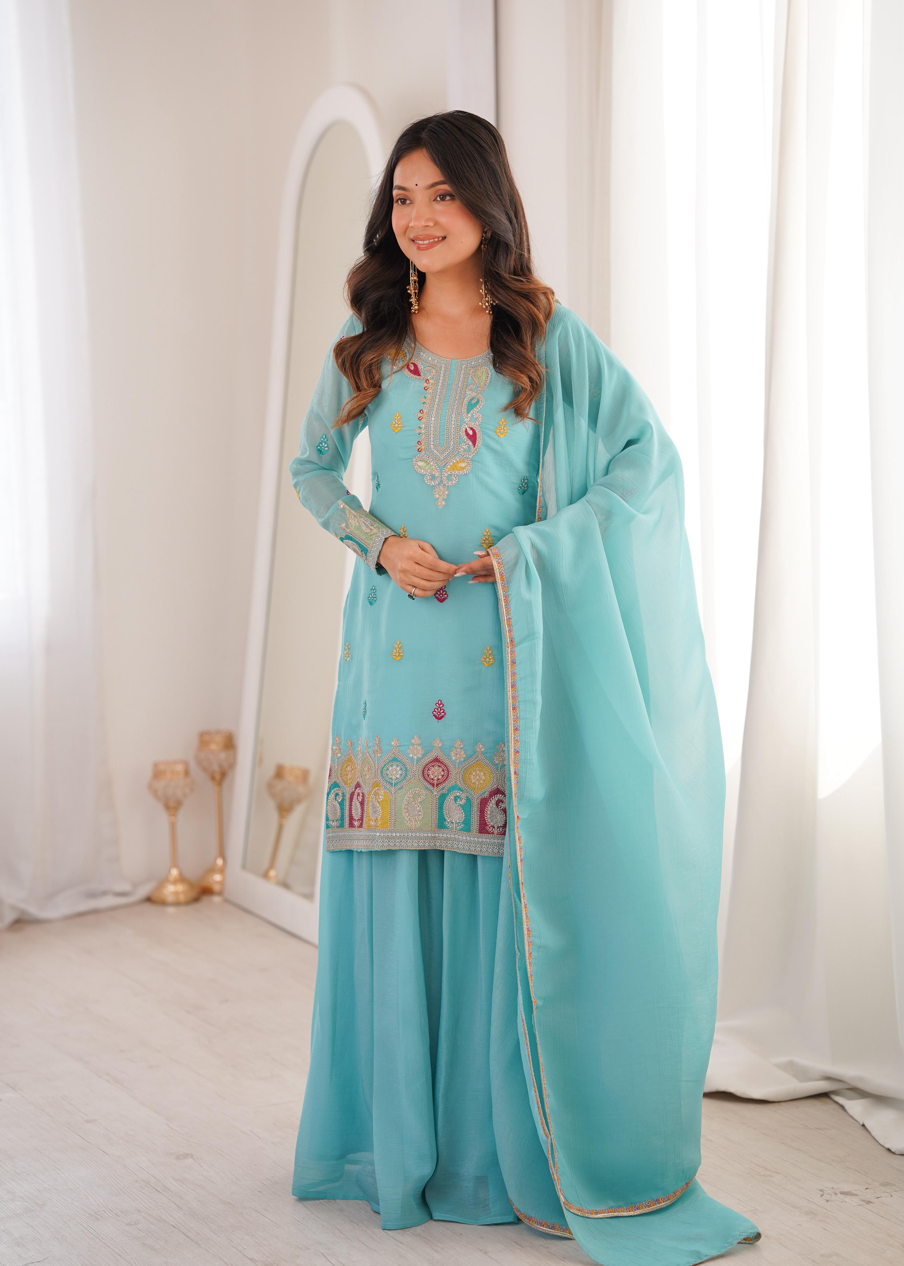 Sky Blue Pure Soft Crunchy Silk Kurta Suit Set